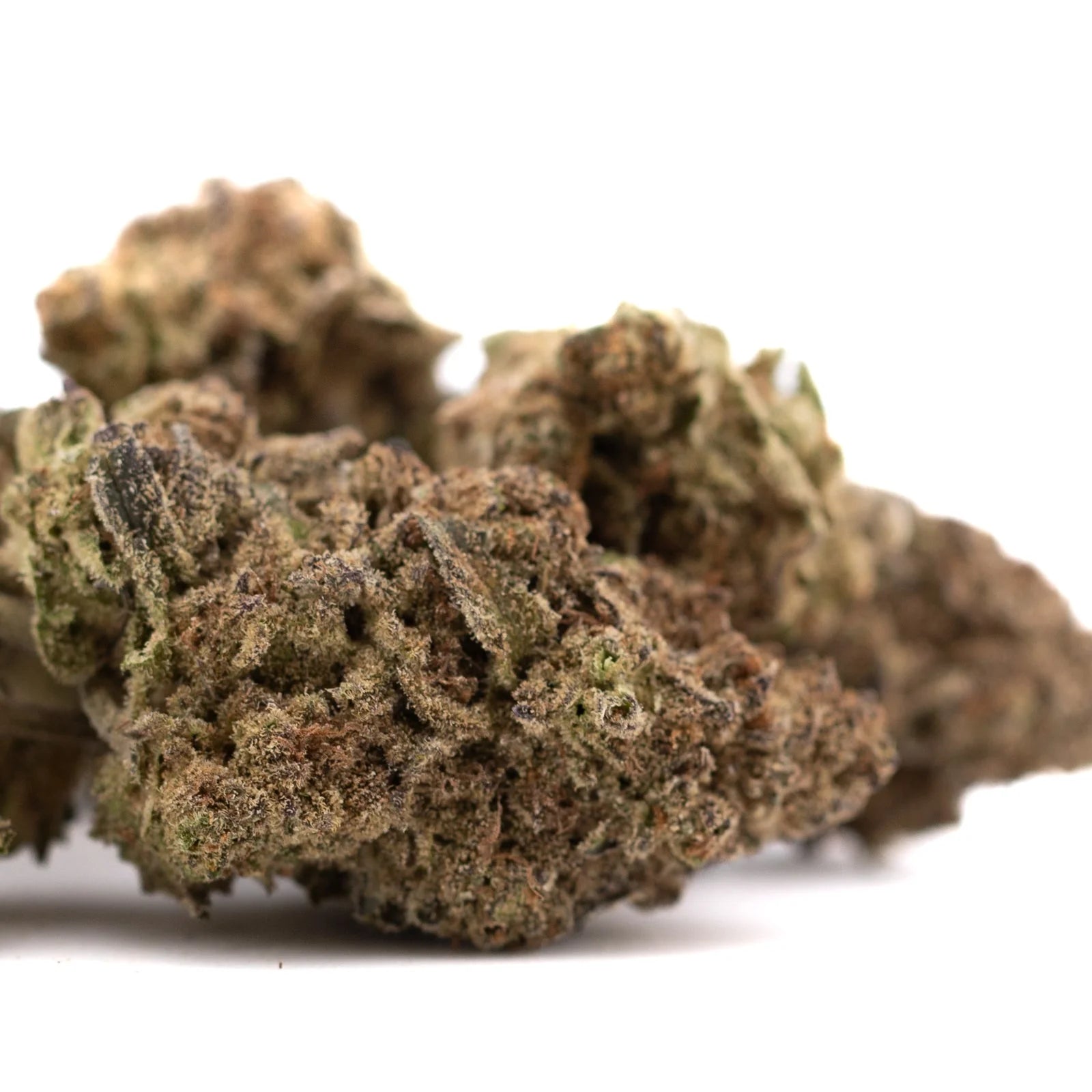 Deep Space THCa hemp flower bud with green-brown hues and trichomes