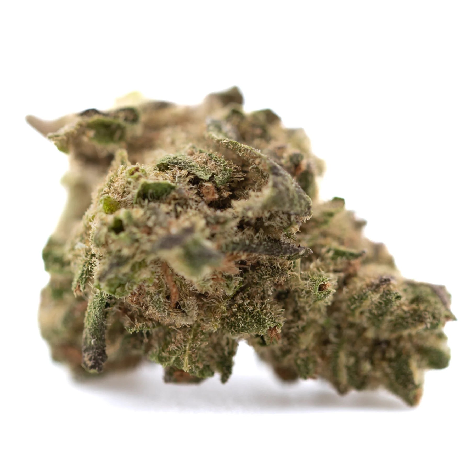 A dense deep space hemp flower bud with knockout genetics in green and brown hues covered in fine trichomes
