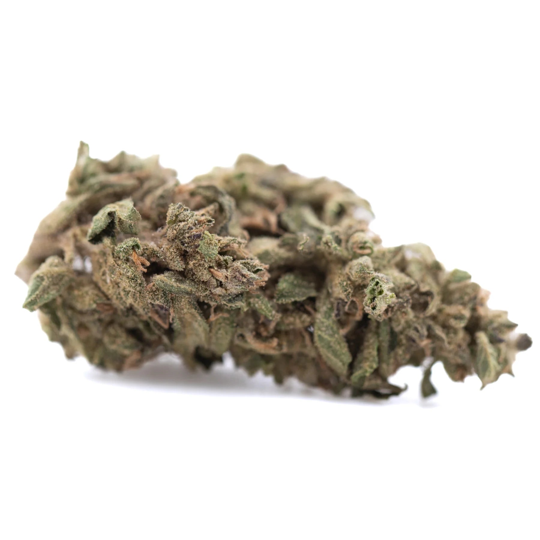 Dense green and brown dirty laundry thca full-term thca flower wholesale bud covered in trichomes and textured surface