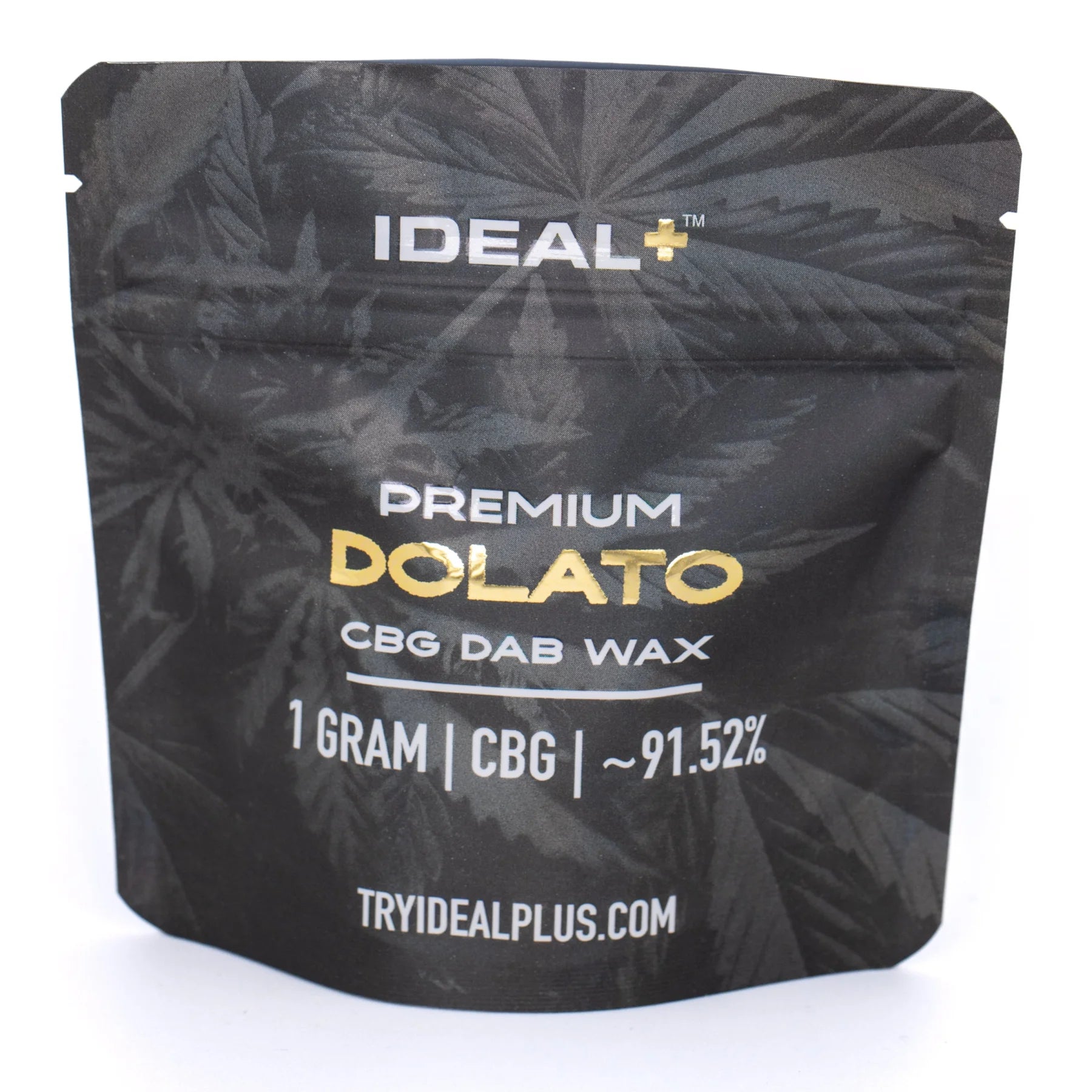 Black resealable pouch with cannabis leaf pattern labeled ideal plus dolato cbg dab wax 91.52 percent cbg 1g