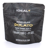 Black resealable pouch with cannabis leaf pattern labeled ideal plus dolato cbg dab wax 91.52 percent cbg 1g