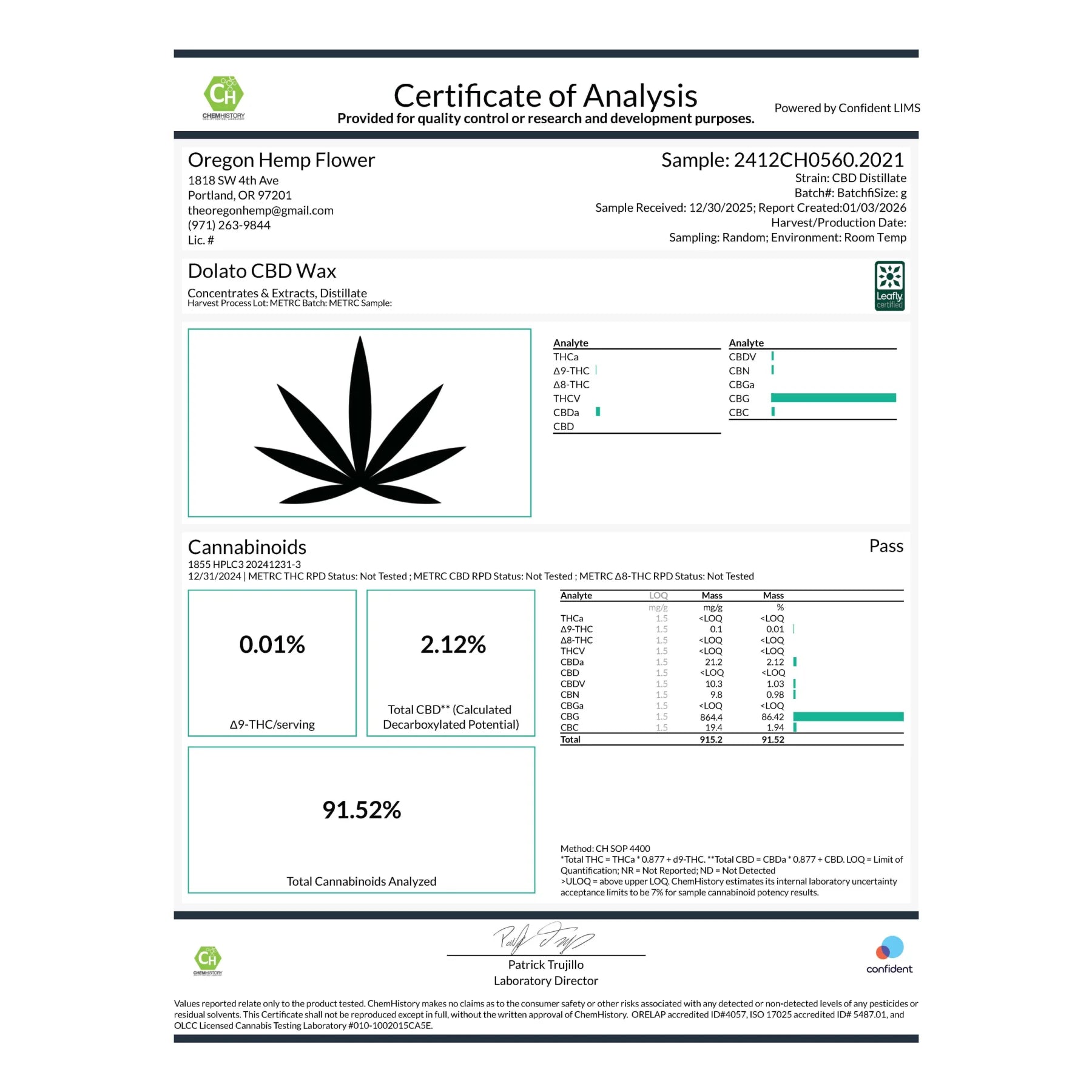 Certificate of analysis for dolato cbg dab wax 91.52% cbg with black cannabis leaf logo and green teal data bars