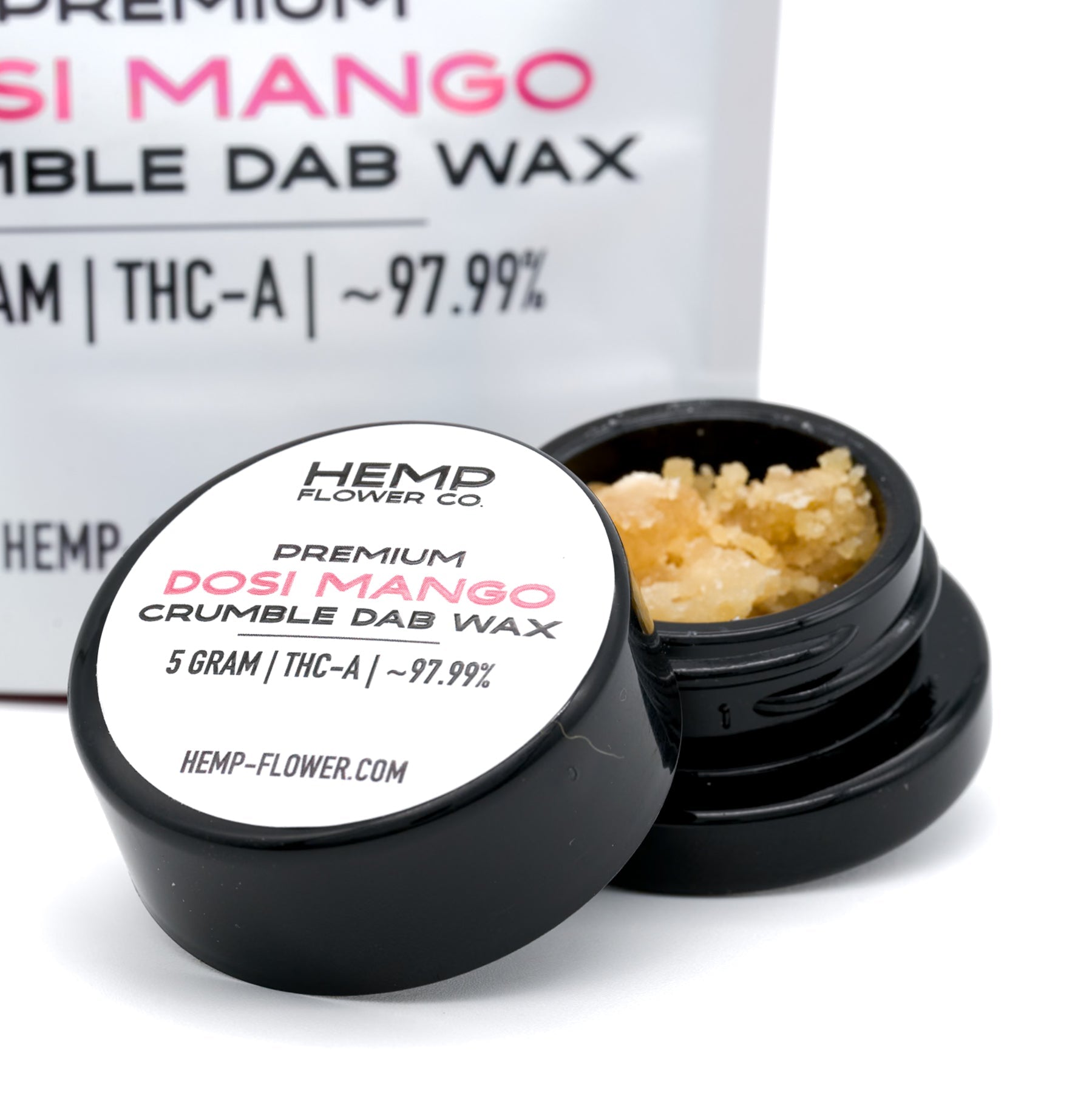 Black jar of Dosi Mango THCA Crumble Wax with 97.99% THC-A for premium hemp flower experience