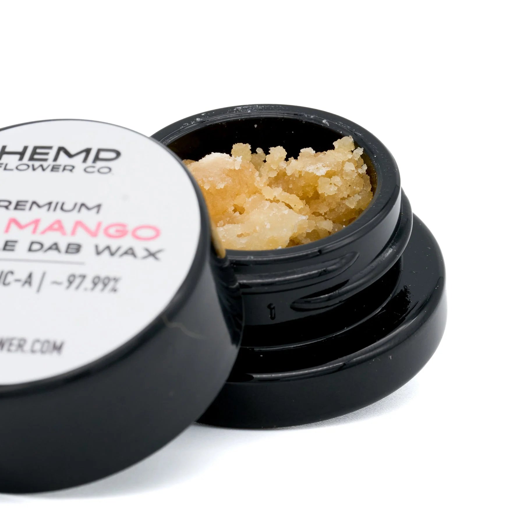 Open jar of Dosi Mango THCA Crumble Wax with pale yellow hemp flower concentrate