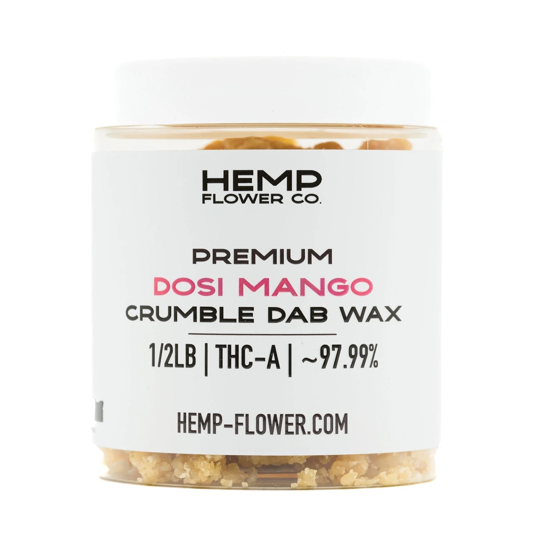 Clear jar of Dosi Mango THCA Crumble Wax with white label for wholesale Dosi Mango crumble wax