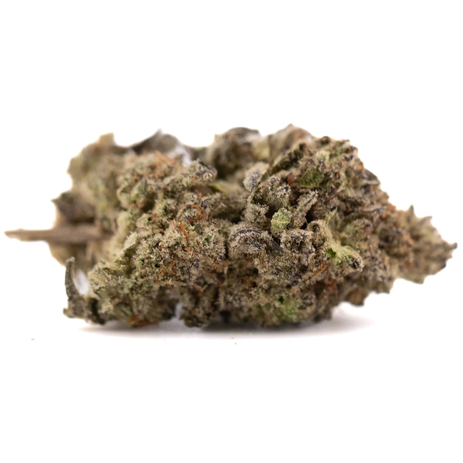 Dough Boy THCa Hemp Flower: Green bud with white trichomes, purple hues, Greenhouse label