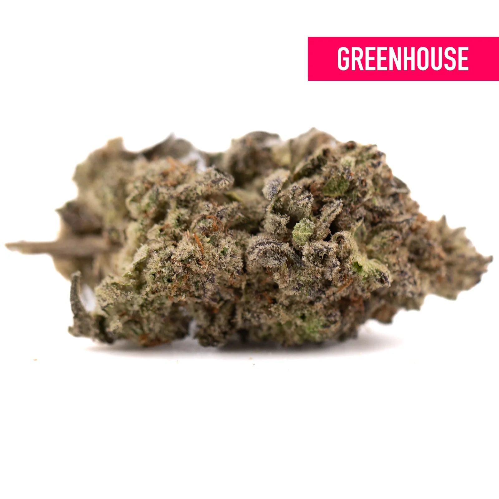 Dough Boy Kush Breath THCa hemp flower with green buds, white trichomes, purple hues, Greenhouse label