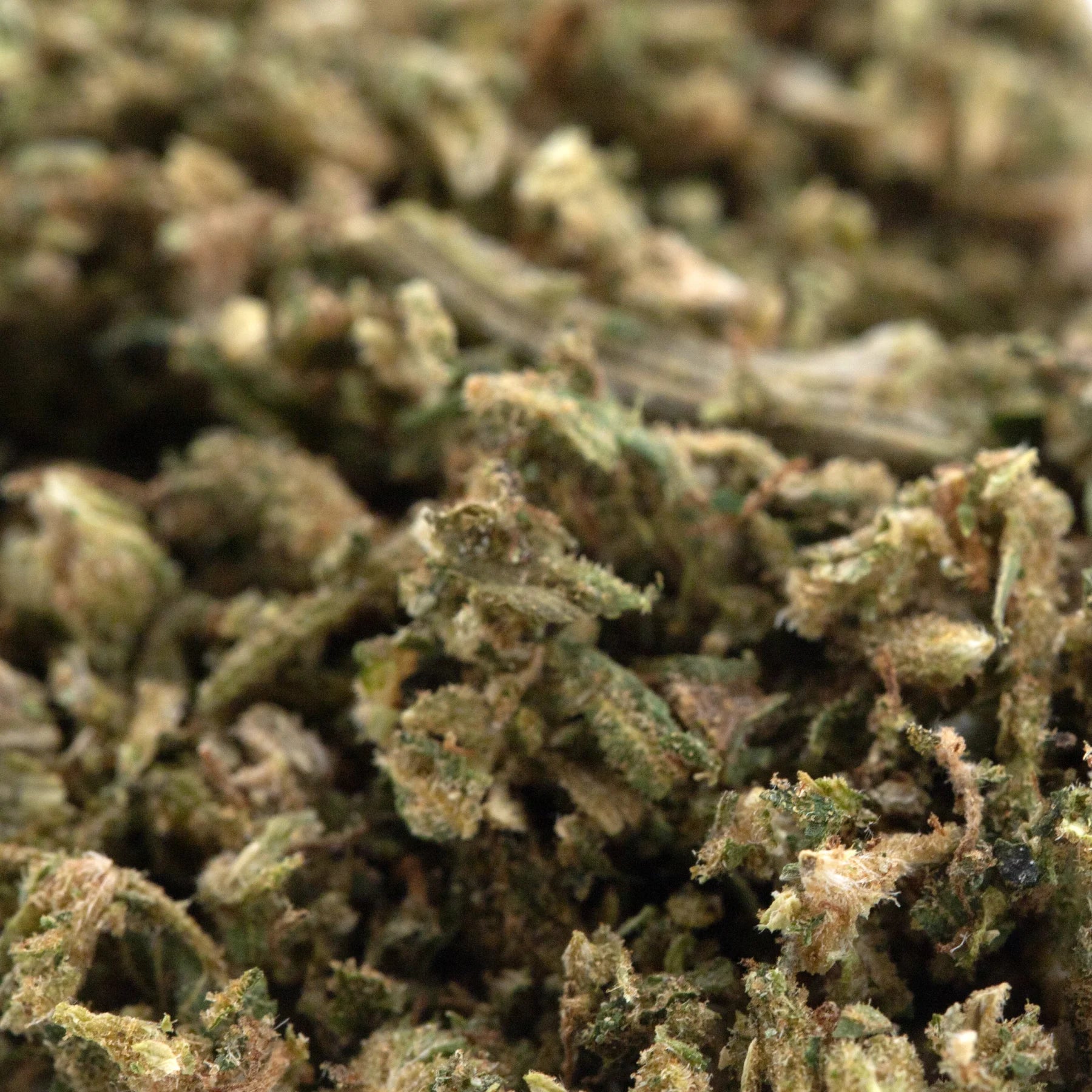 A dense pile of early blossom full-term cbd trim hemp flower with green and brown hues for auto tsunami use