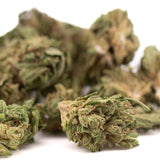 Dried cannabis buds of early nueve cbd hemp flower full-term smalls with dense greenish brown texture and visible trichomes