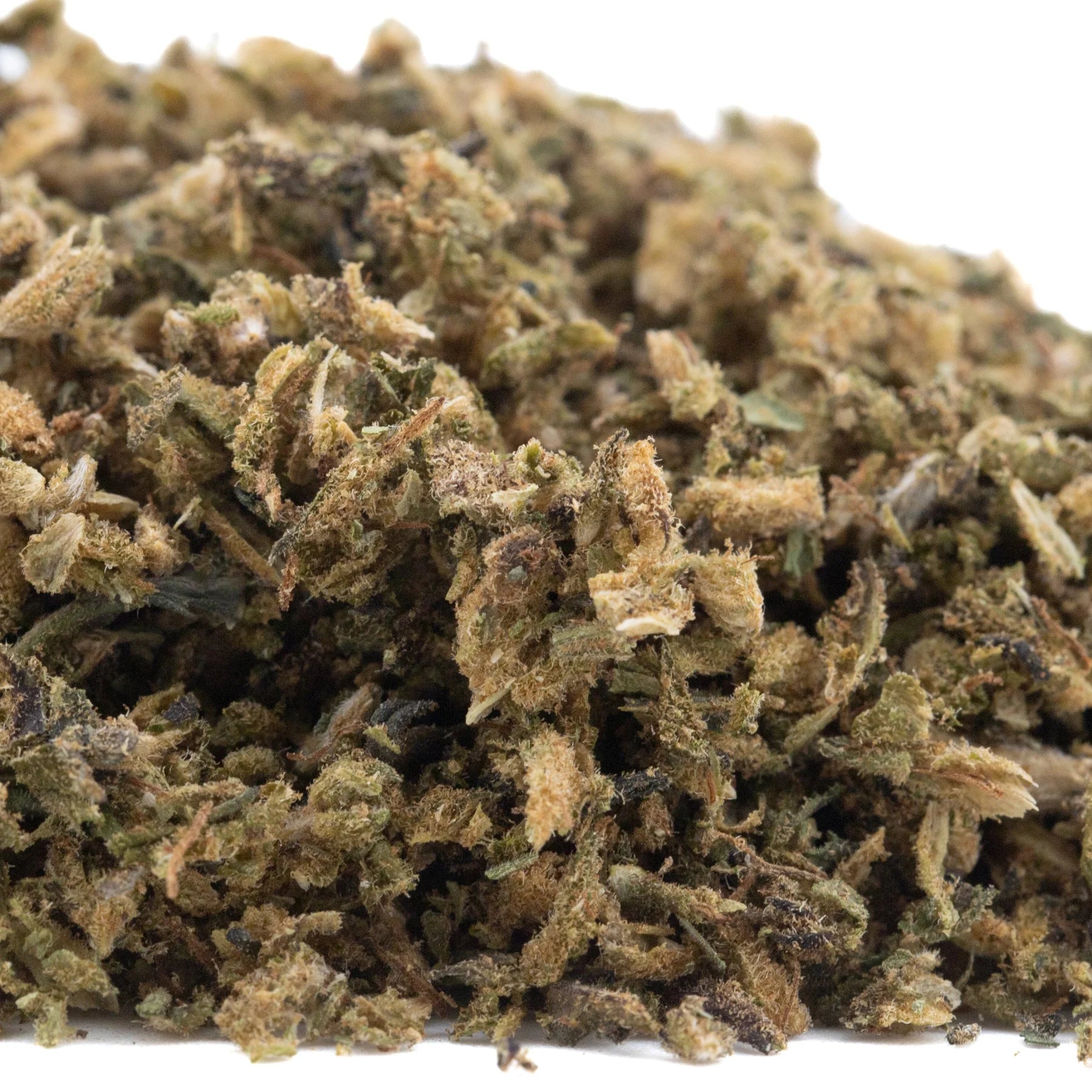 A pile of elektra full-term cbd hemp flower trim in green brown and tan hues highlighting its terpene profile