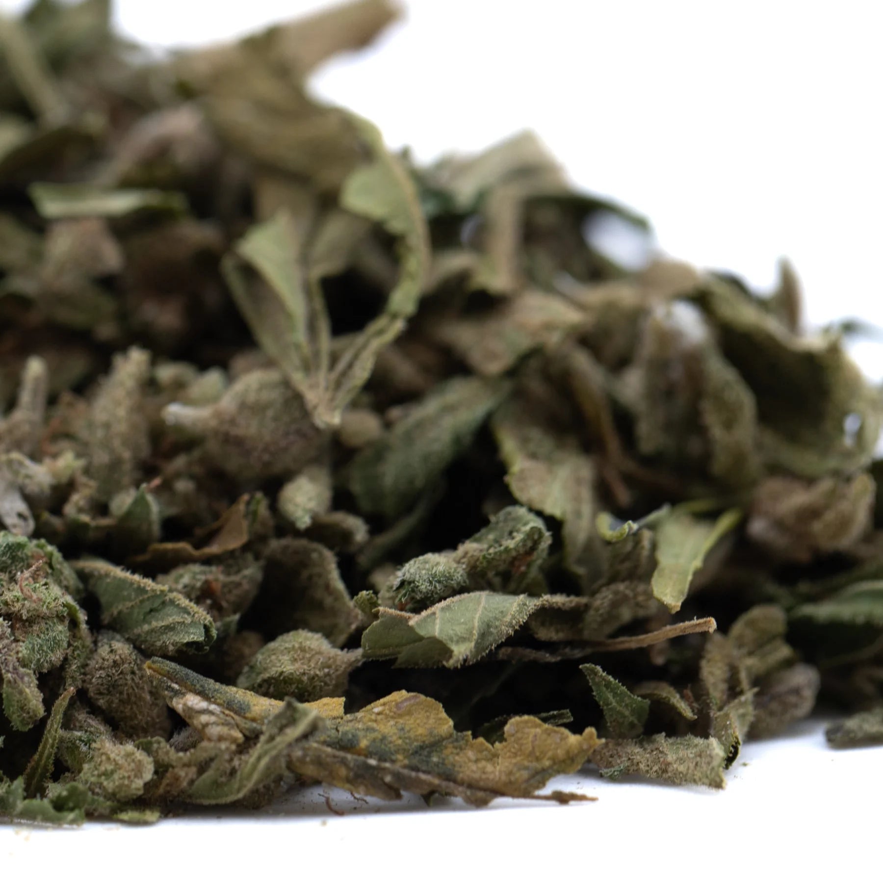 Dried green mint leaves with earthy texture from emerald fires premium full-term thca trim wholesale product