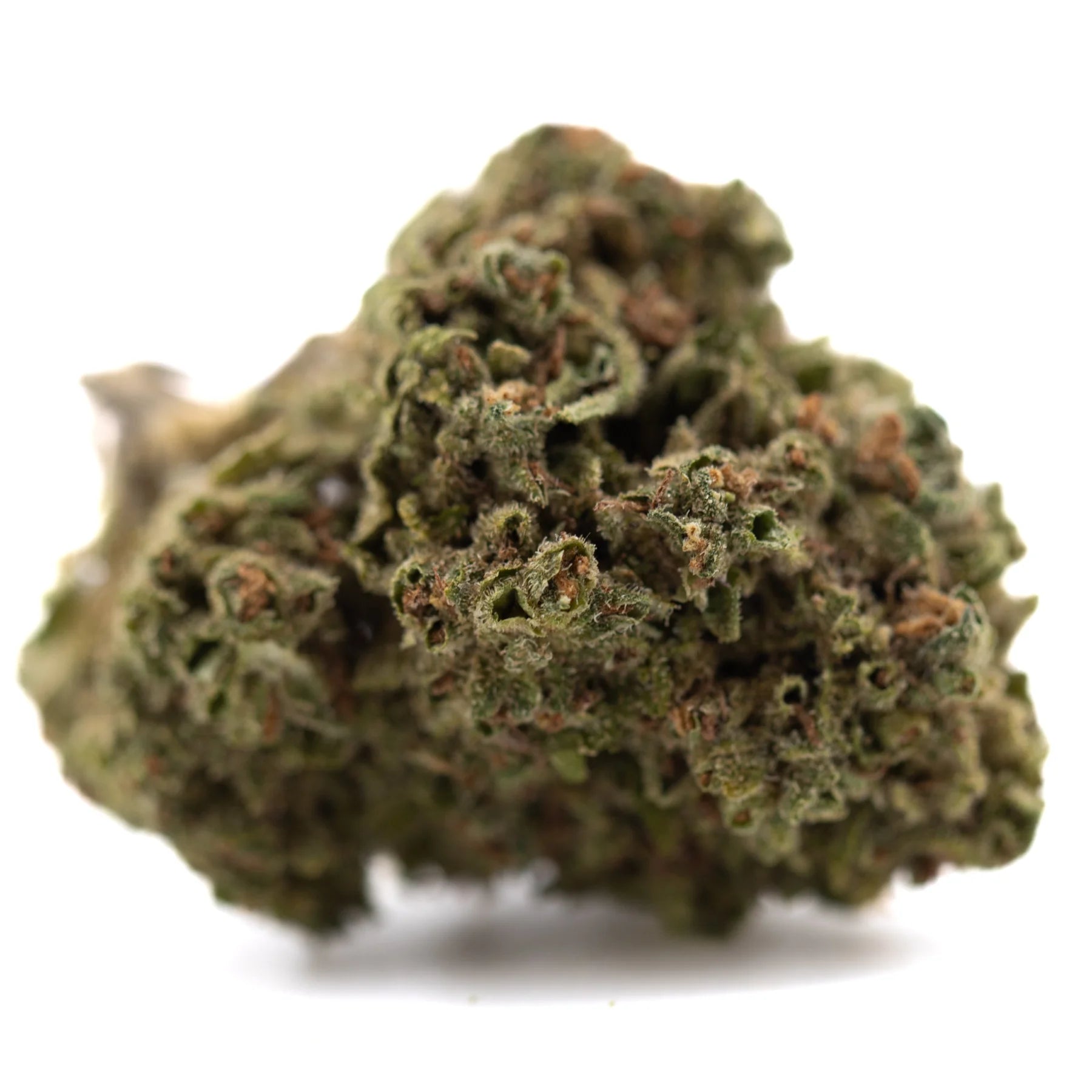 A dense green emerald fire thca flower bud with fine trichomes and brown pistils ideal for social enhancement