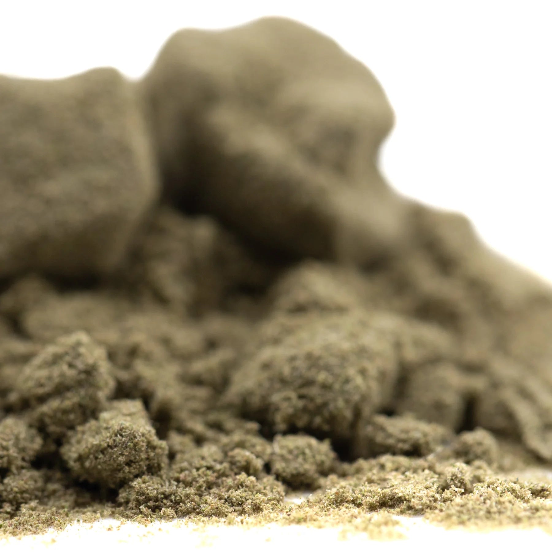 A mound of fine grayish brown ultra-premium thca kief with granular texture for face fat quantum leap use