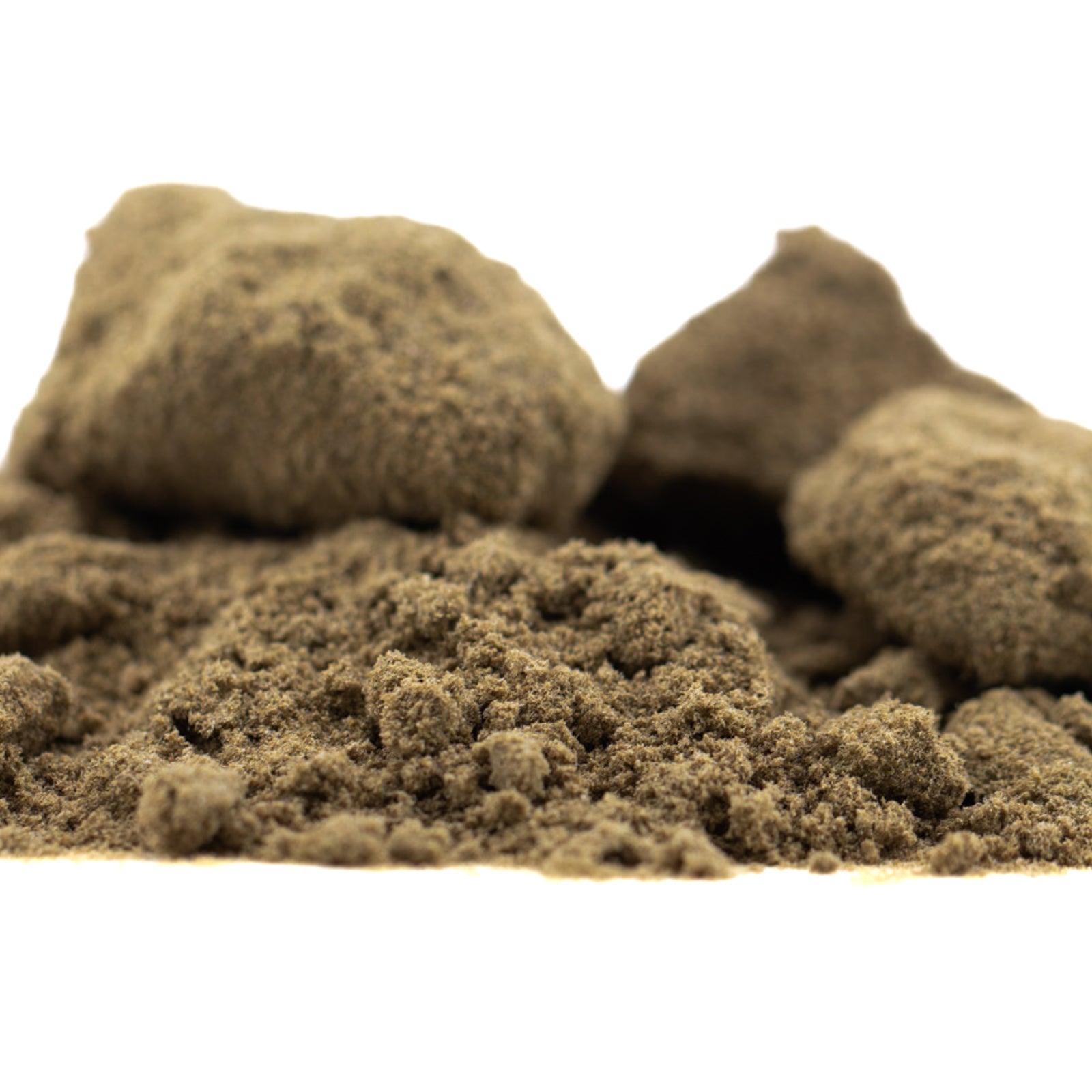 Brown textured clay rocks with Face Gas THCa Kief hemp flower