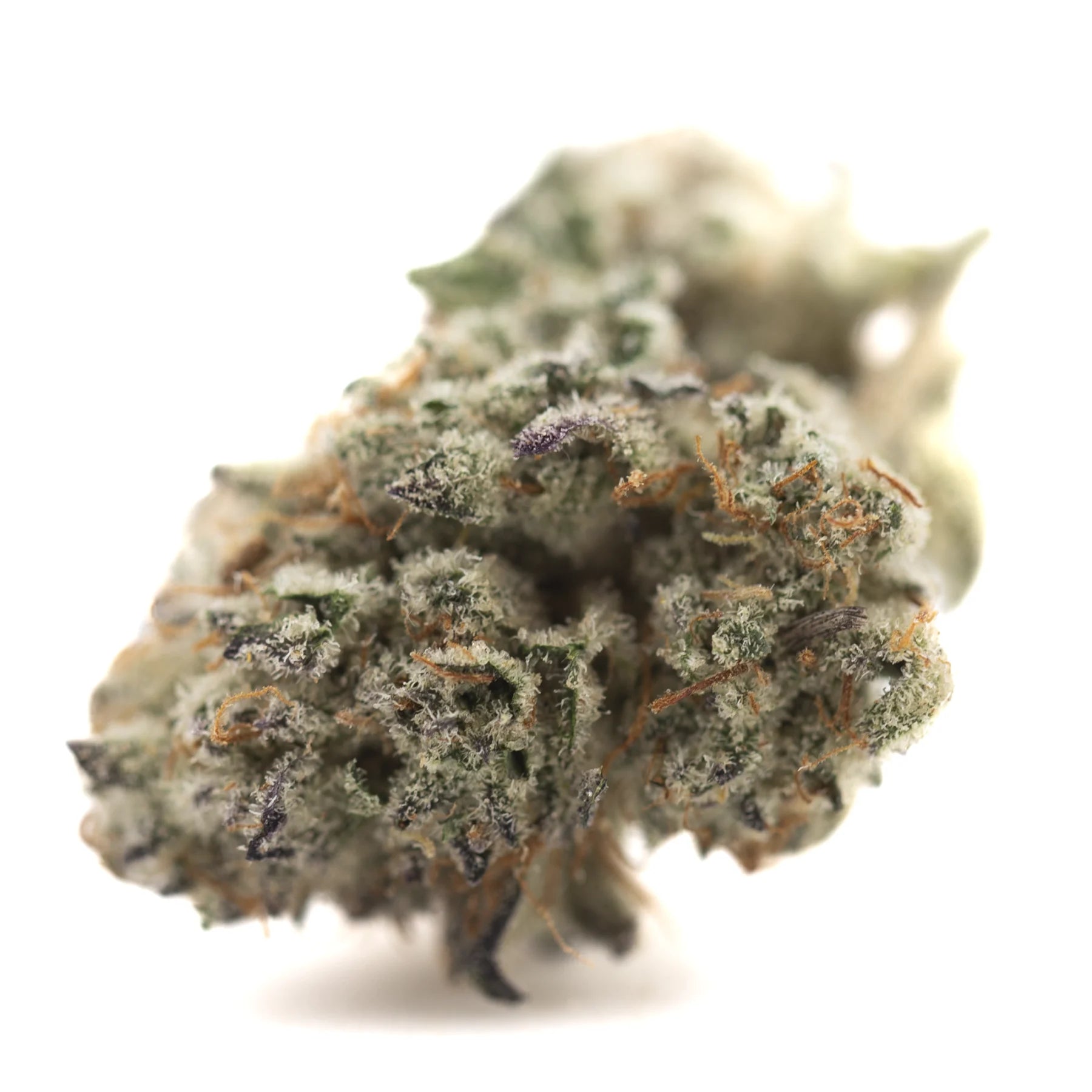 Flyin hawaiian indoor thca flower dense frosty green cannabis bud with purple and orange pistils hemp flower blend