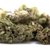 Fog Dog THCa Flower Smalls: Marijuana buds with green leaves and purple trichomes