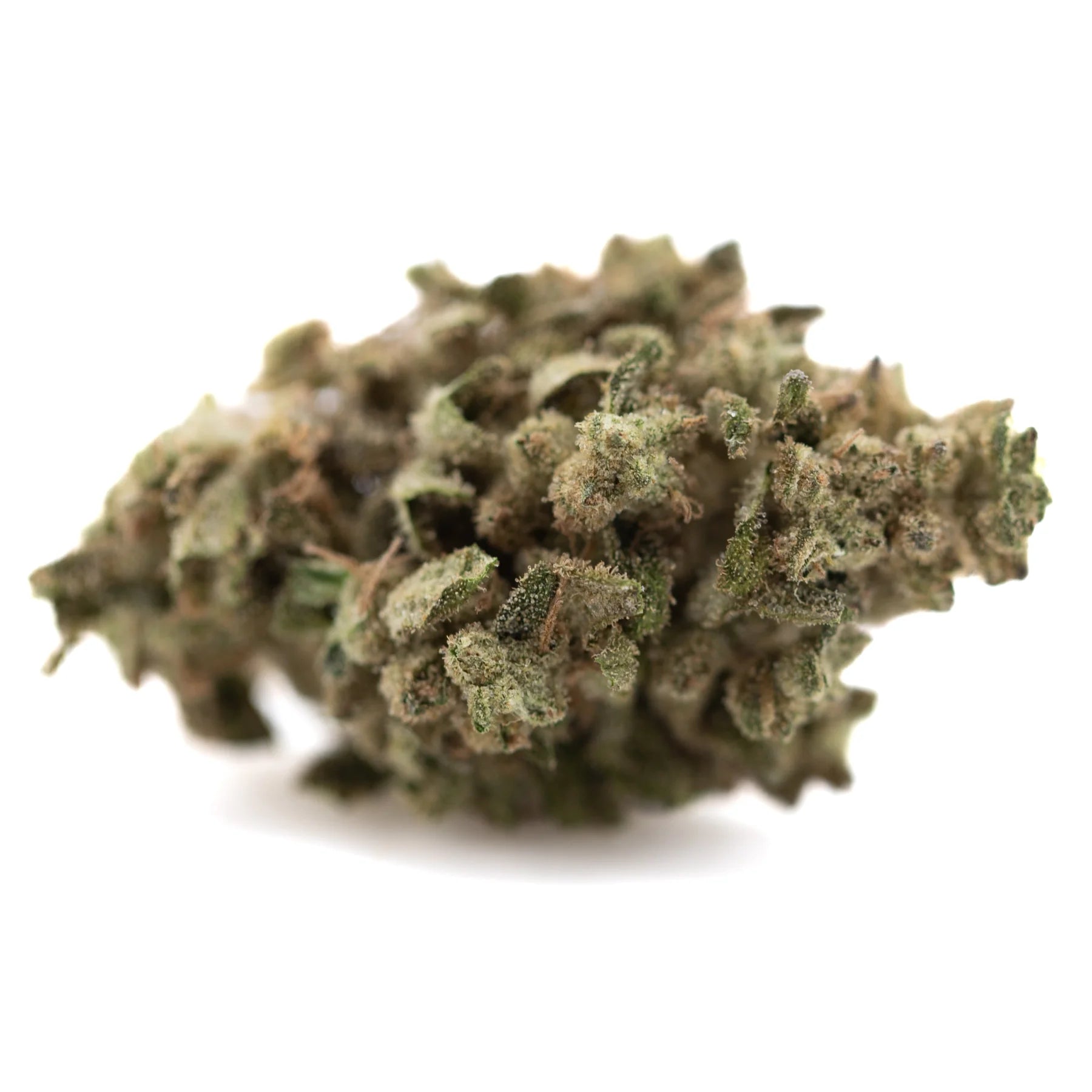Dense textured fornicator greenhouse thca hemp flower bud with green and brown hues covered in trichomes and total cannabinoids