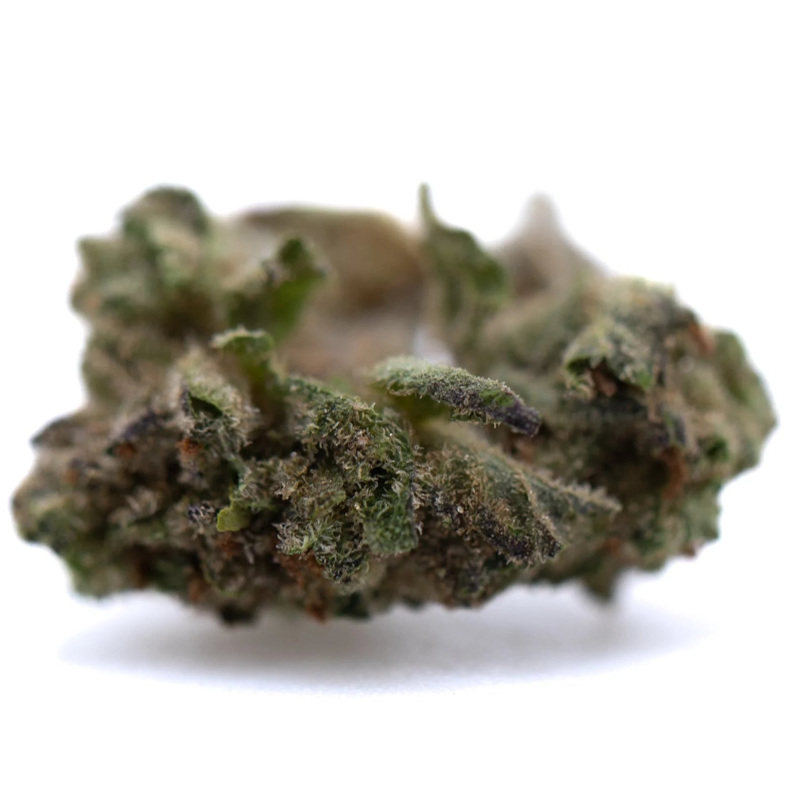 Green THCa smalls flower bud with white trichomes and brown stems