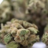 Blue Dream THCa flower smalls: marijuana bud with green leaves and white trichomes