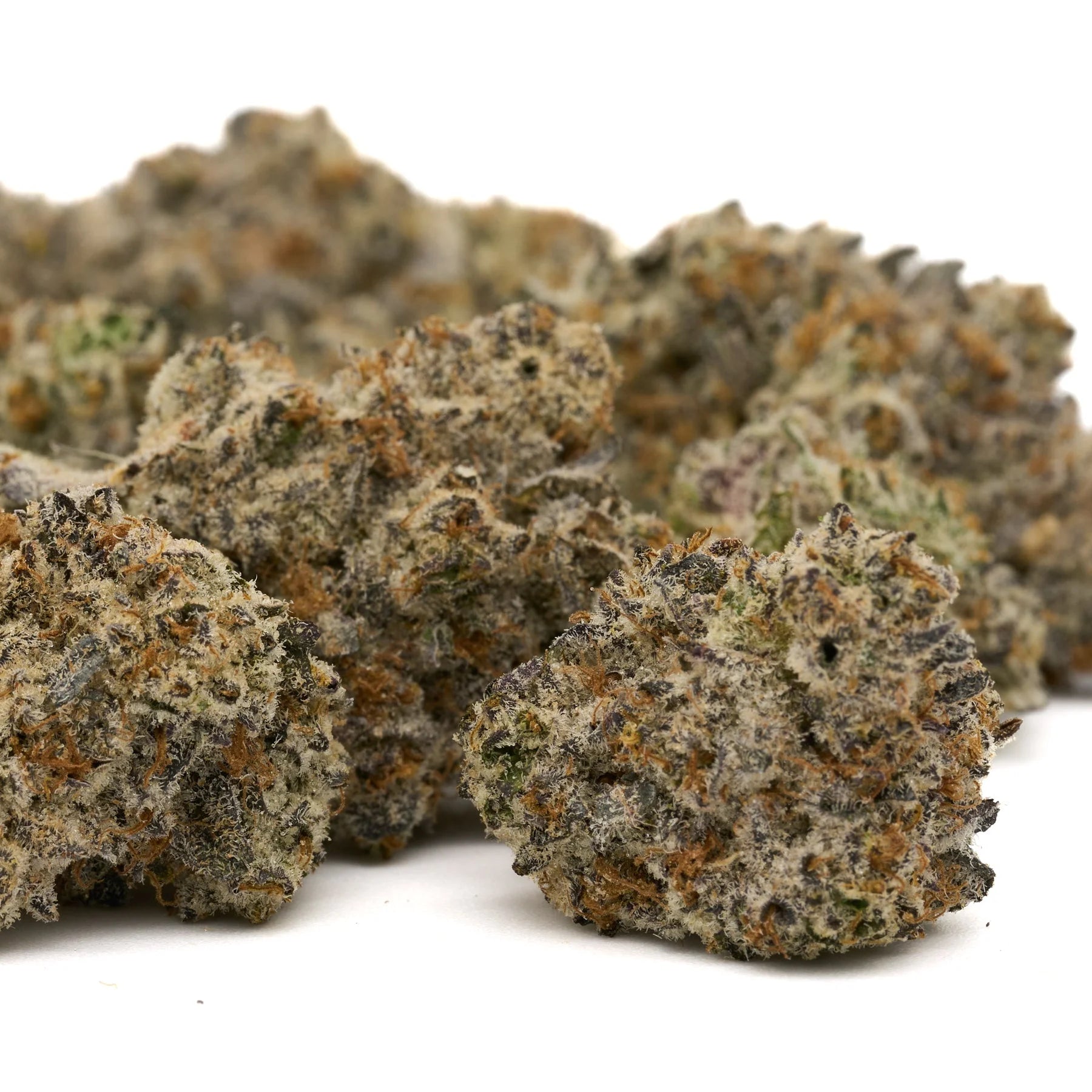 Frosted Runtz Indoor THCa Flower with dried cannabis buds, trichomes, and orange hairs