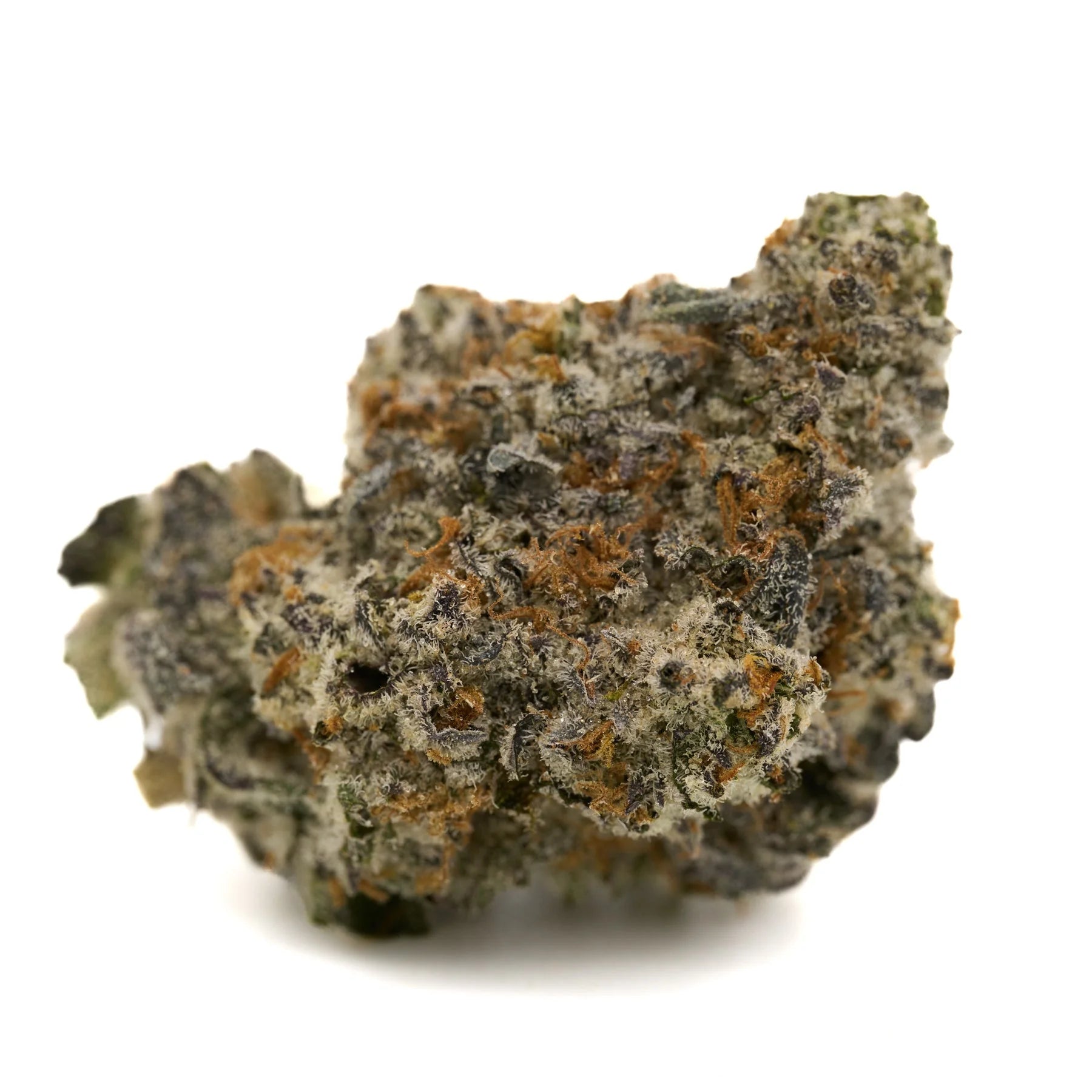 Frosted Runtz Indoor THCa Flower with dense green, purple, and orange cannabis bud coated in trichomes