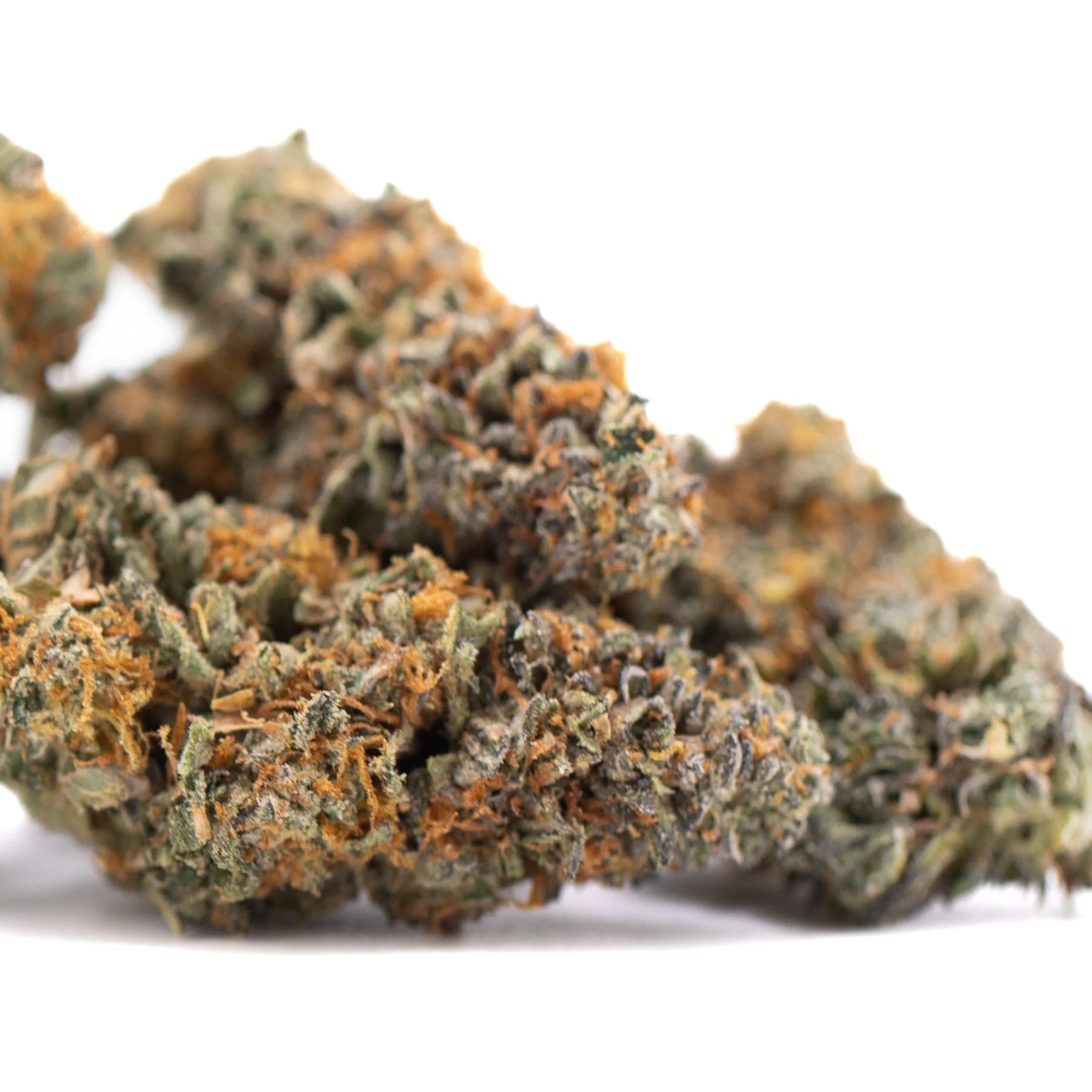 A dense resinous indoor thca hemp flower bud with green and orange hues from gas guzzler product containing Δ9-thc