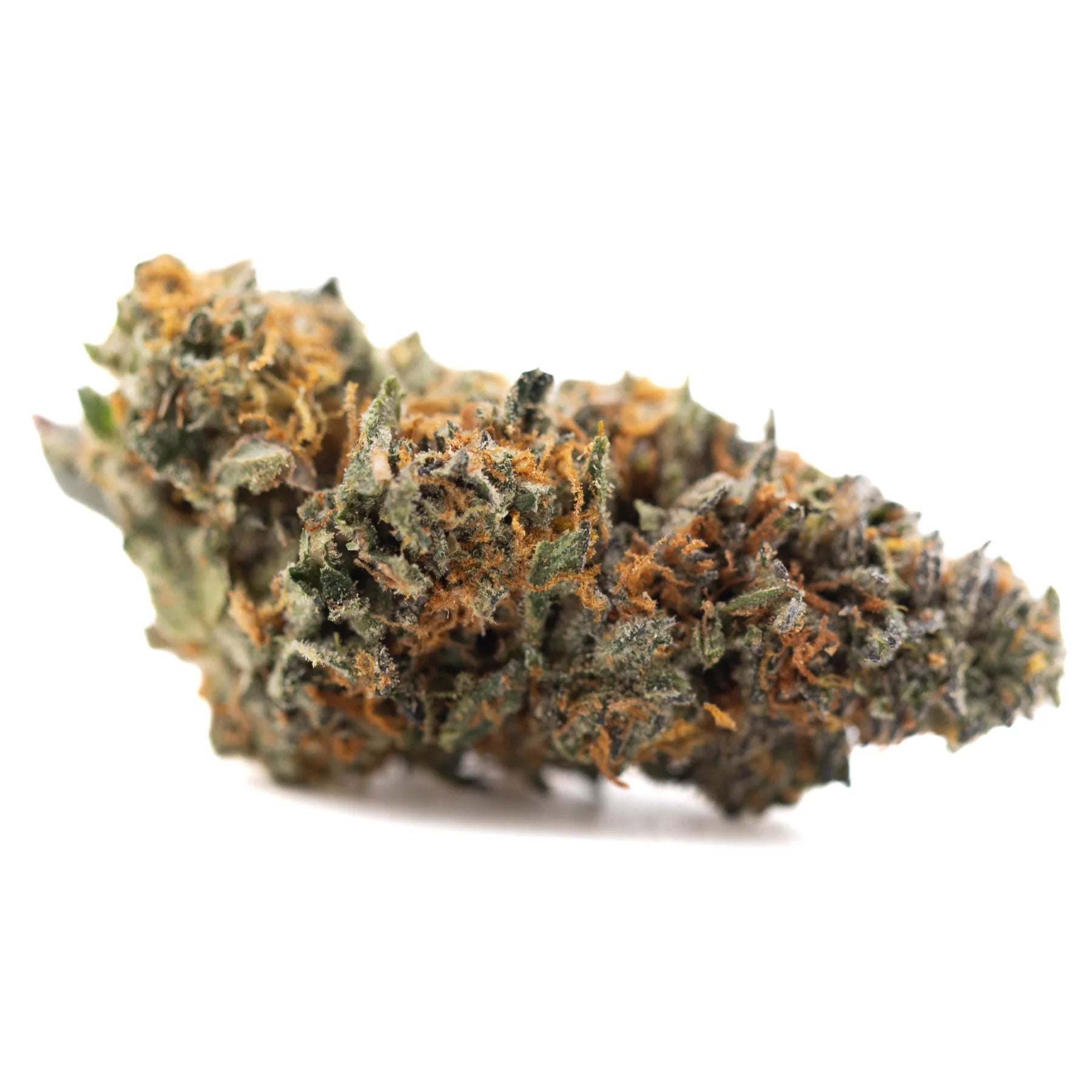 Gas guzzler indoor thca flower dense resinous hemp flower with green and orange hues covered in fine trichomes and Δ9-thc