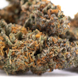 A dense resinous indoor thca hemp flower bud with green and orange hues from gas guzzler with high Δ9-thc content