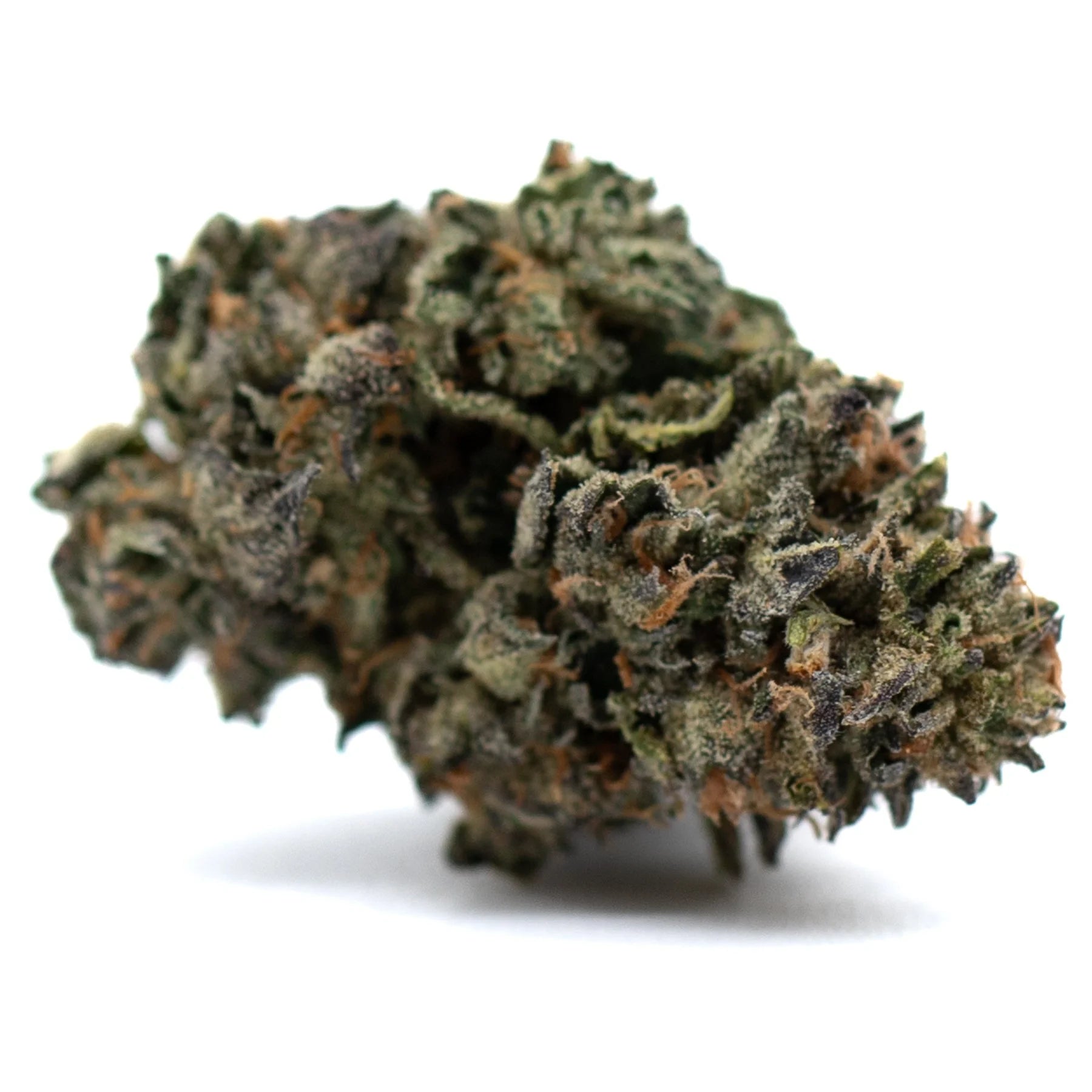 Dense trichome-covered Gas Indoor THCa Flower with green purple and orange hues