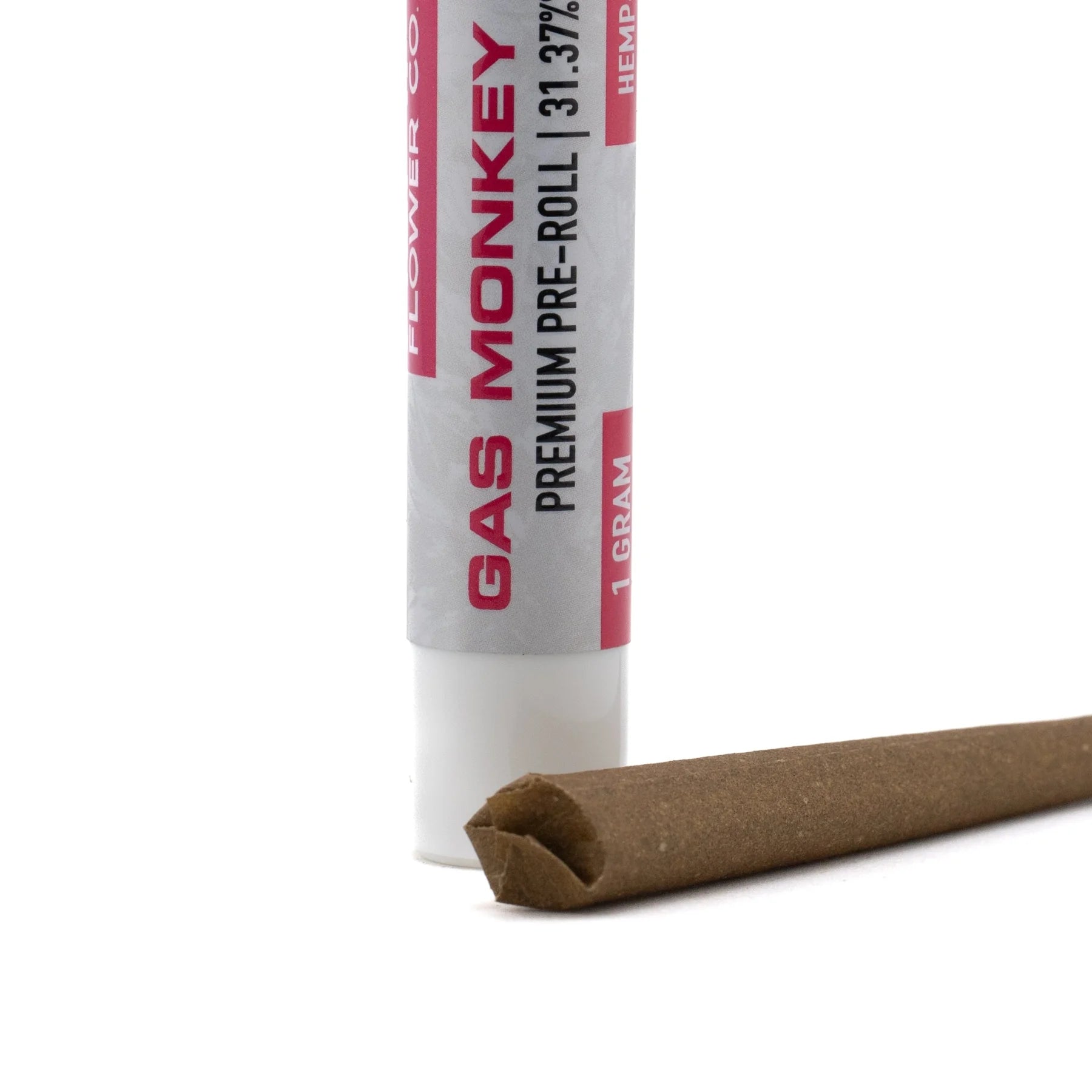 A brown cylindrical thca pre-roll hemp flower in a white and red premium greenhouse tube from gas monkey flower co