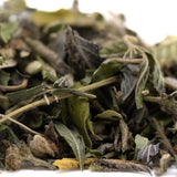 Dried mint leaves with green and brown hues and curled edges in gas monkey greenhouse thca trim hemp flower product