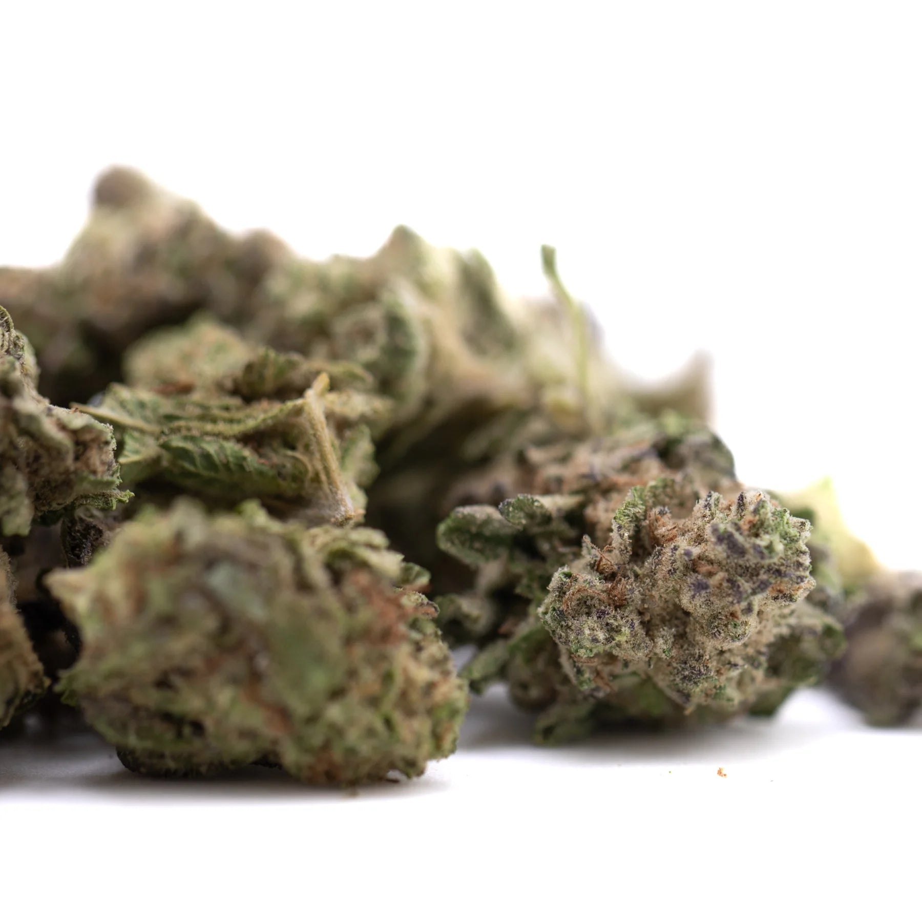 A pile of gas monkey thca greenhouse smalls hemp flower buds in green brown and purple hues showing high thca content