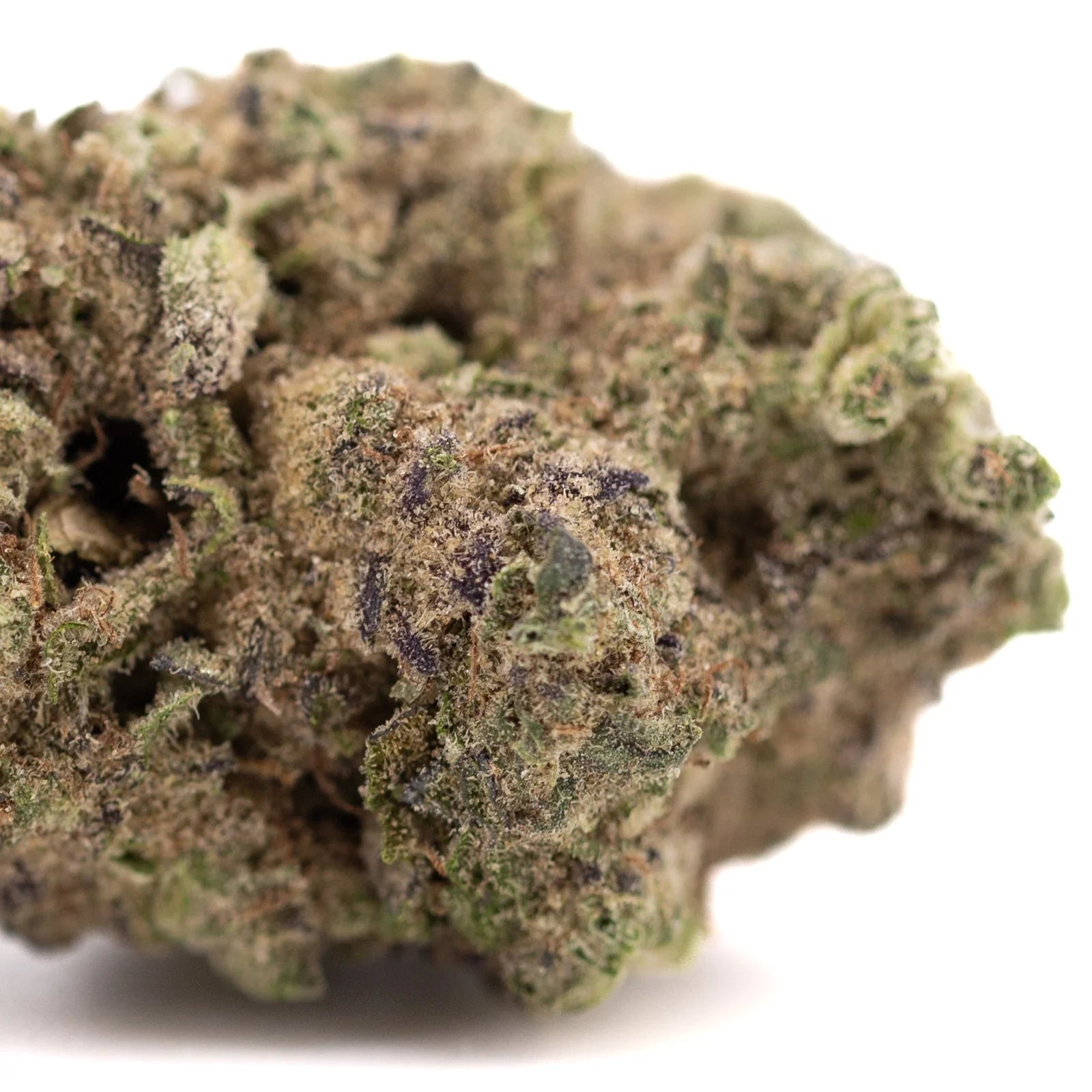 Gas Monkey THCa hemp flower bud with purple trichomes and green leaves