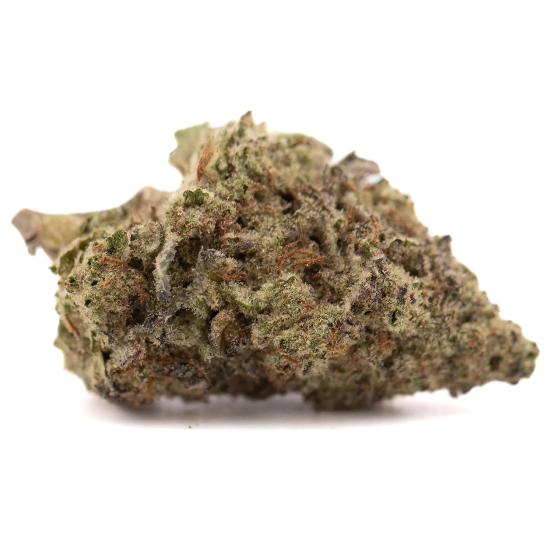 Dense greenhouse thca gas flower with kush genetics featuring green and brown hues and substantial potency trichomes