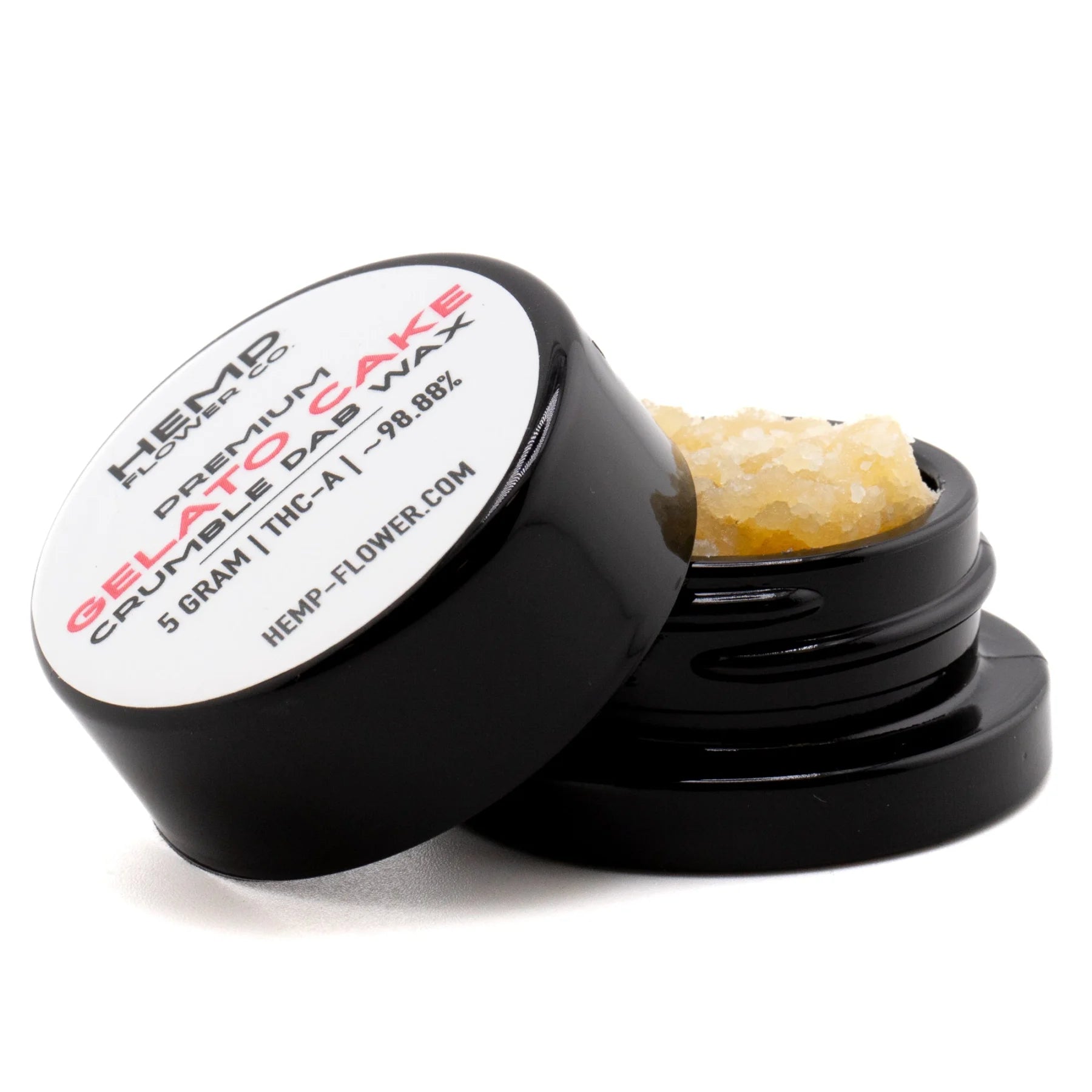 Black cylindrical container with white label holding yellowish gelato cake thca crumble wax hemp flower concentrate