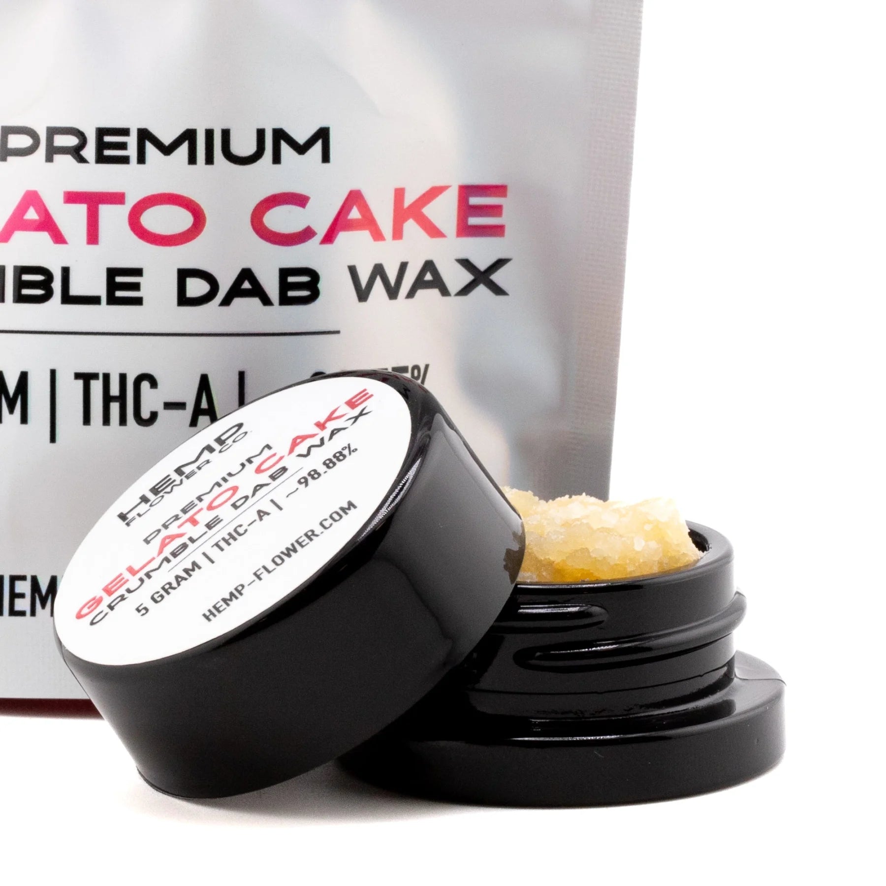Black cylindrical container with white label holding 5 gram gelato cake thca crumble wax hemp flower concentrate