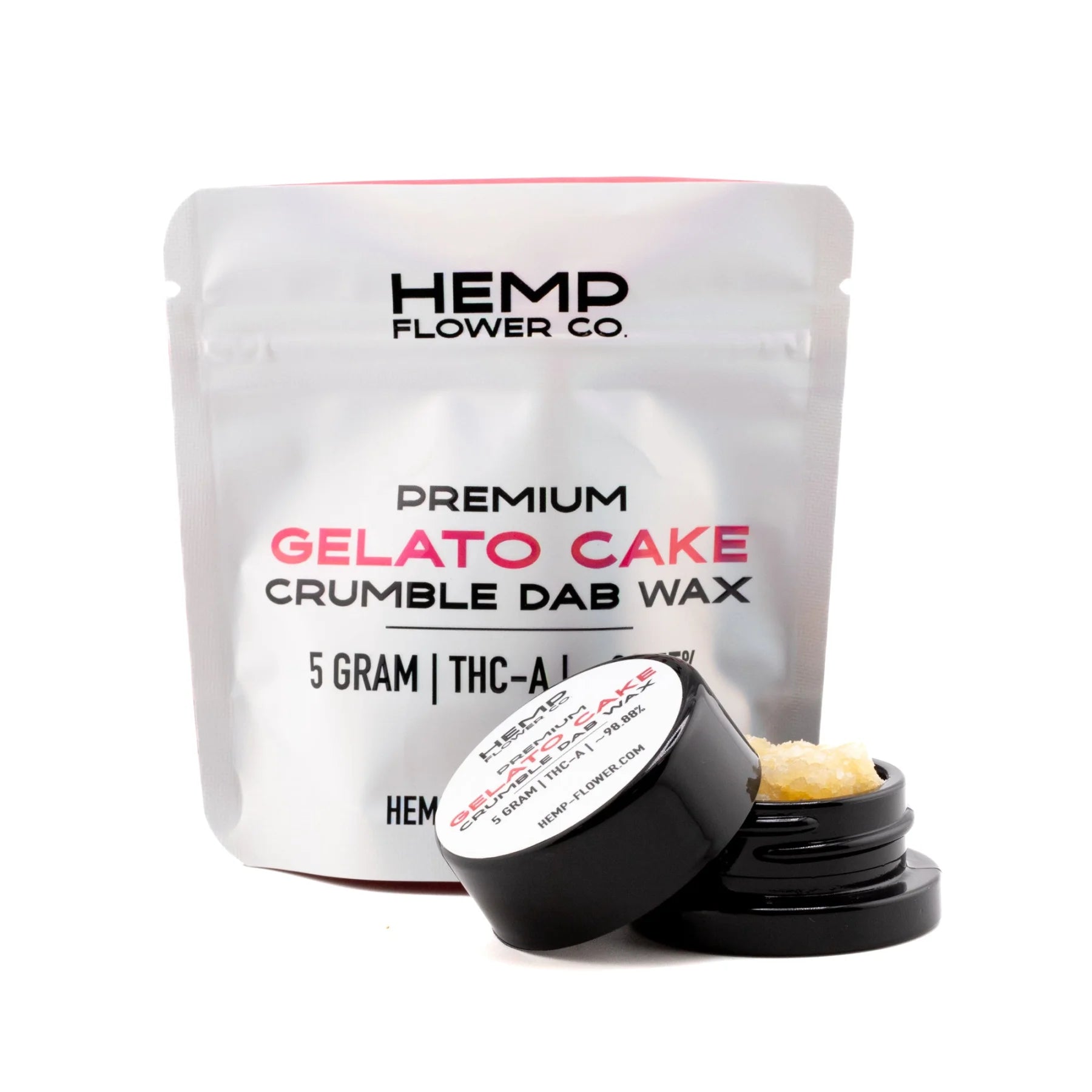 A black round jar of gelato cake thca crumble wax from hemp flower containing pale yellowish crumbly concentrate