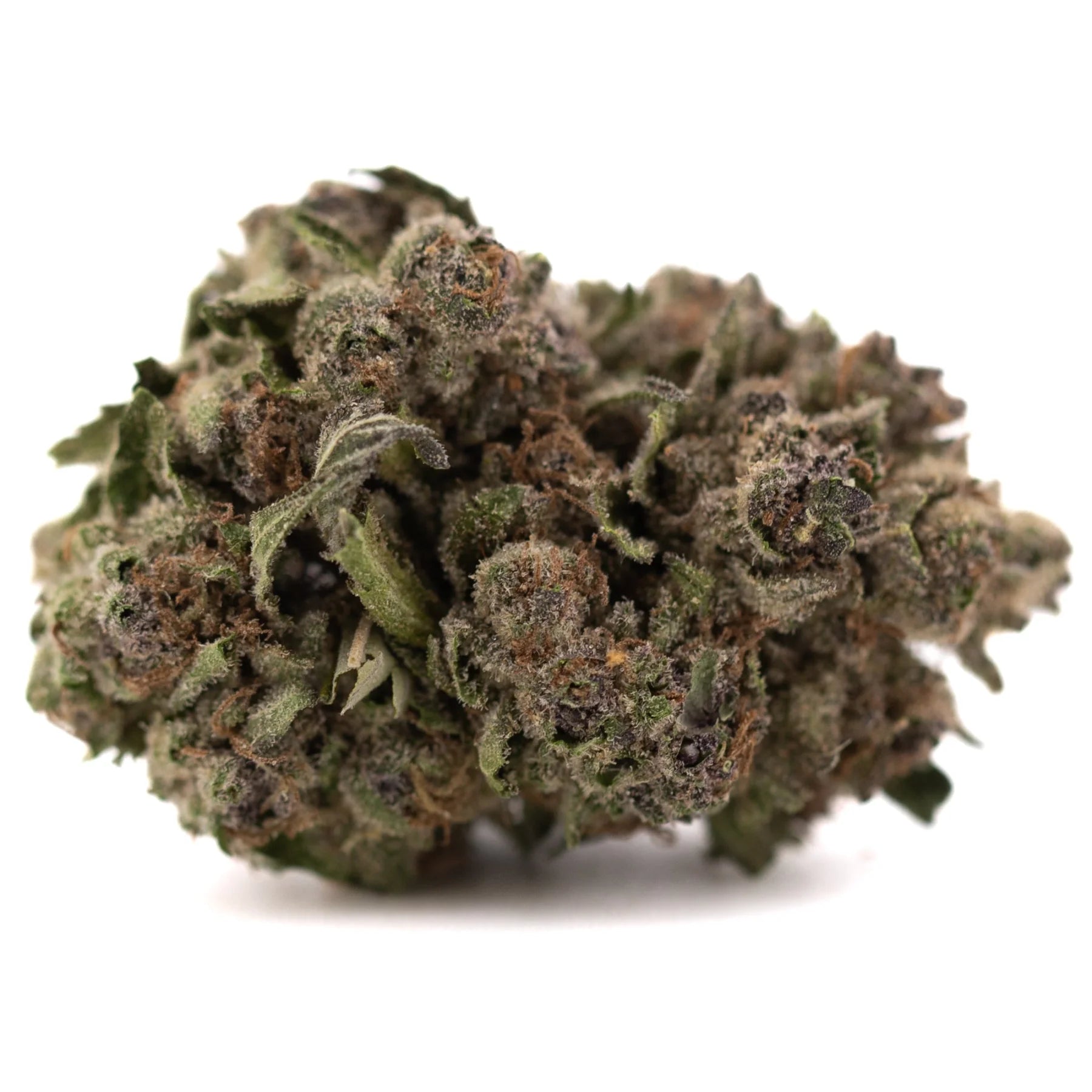 A dense green and brown greenhouse thca flower with frosty textured surface premium hemp makes giggle gas