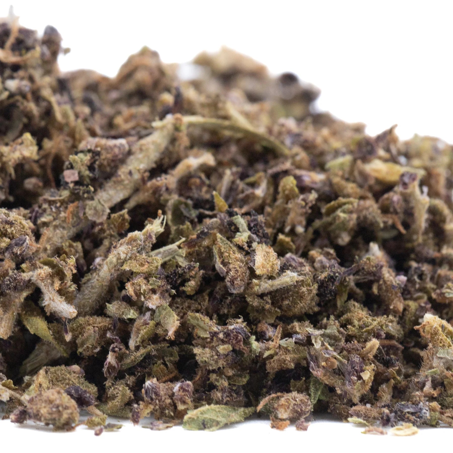 A pile of dried green and brown glue full-term cbd trim hemp flower trim buds with textured appearance