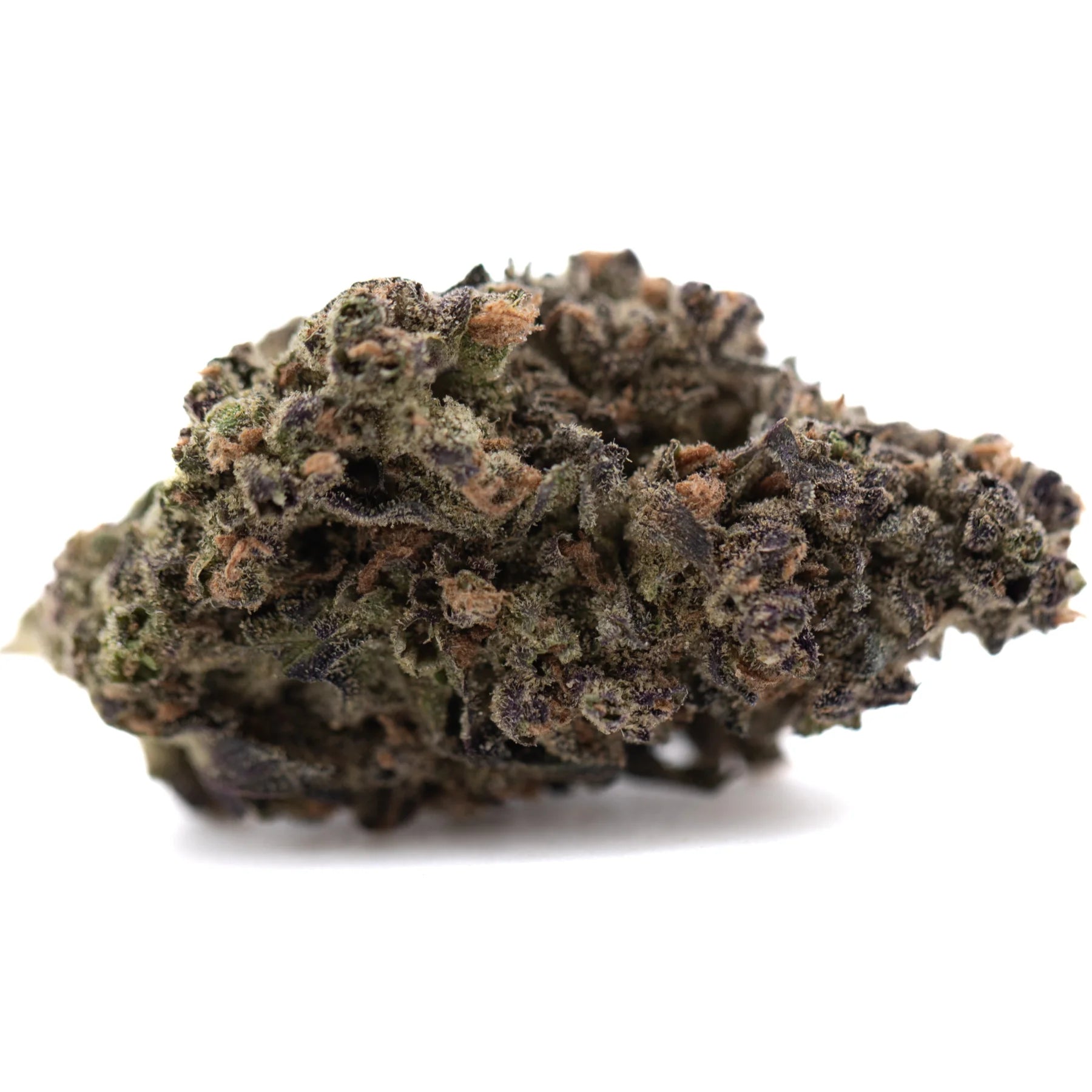 Dense resinous gmo full-term thca flower with green purple hues and orange pistils highlighting its terpene profile from indoor cultivation