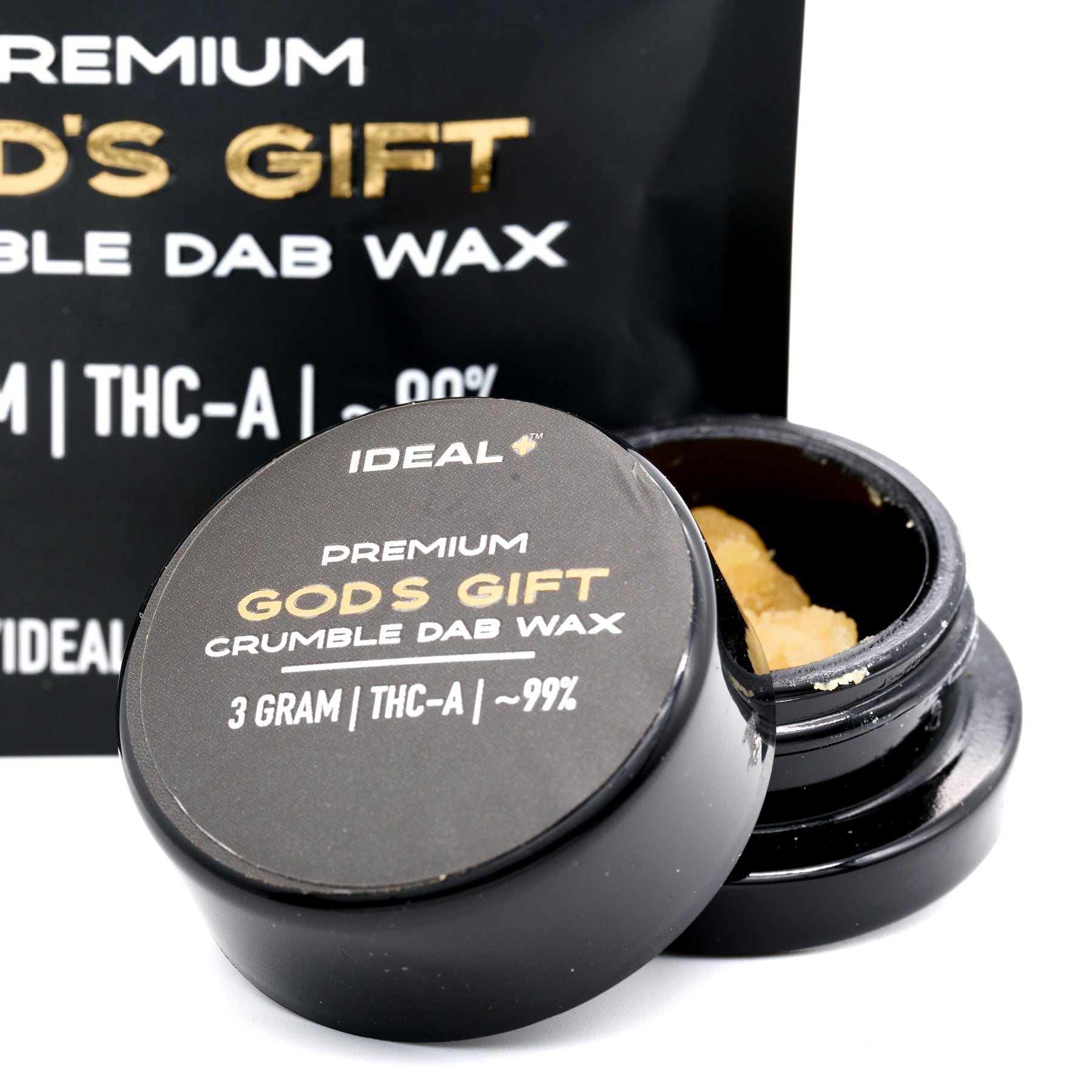 Black container of God’s Gift 94.67% THCa crumble dab wax for premium dab wax experience