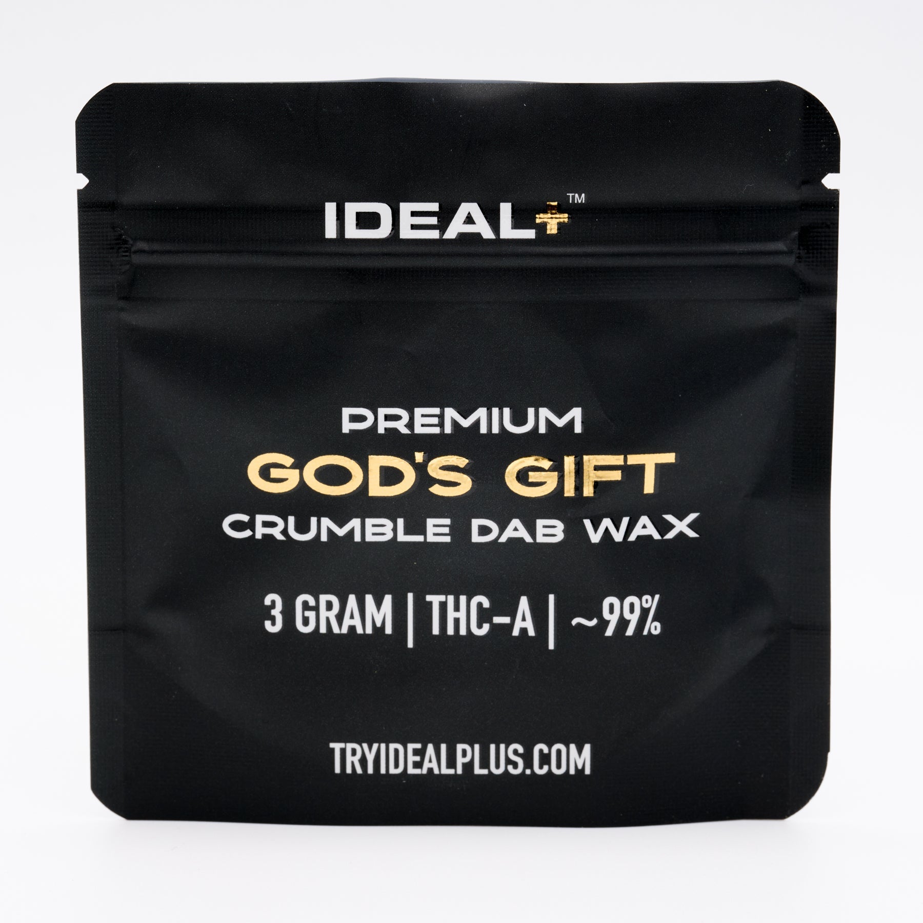 Black resealable pouch of God’s Gift THCa crumble dab wax 3g for potent dab wax experience