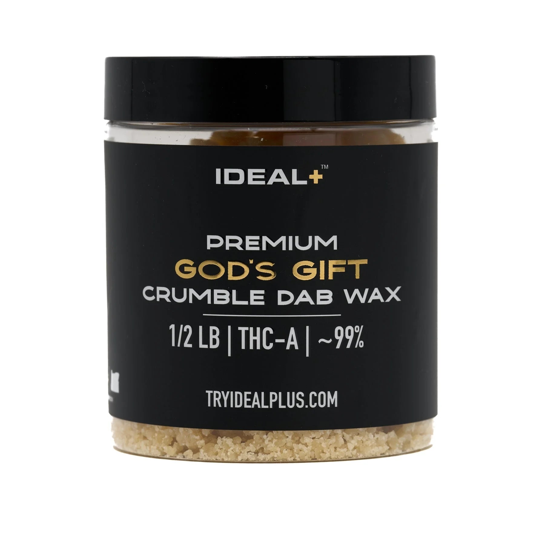 Clear jar with black lid containing light brown THCa crumble dab for wholesale Granddaddy Purple