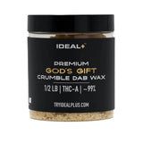 Clear jar with black lid containing light brown THCa crumble dab for wholesale Granddaddy Purple