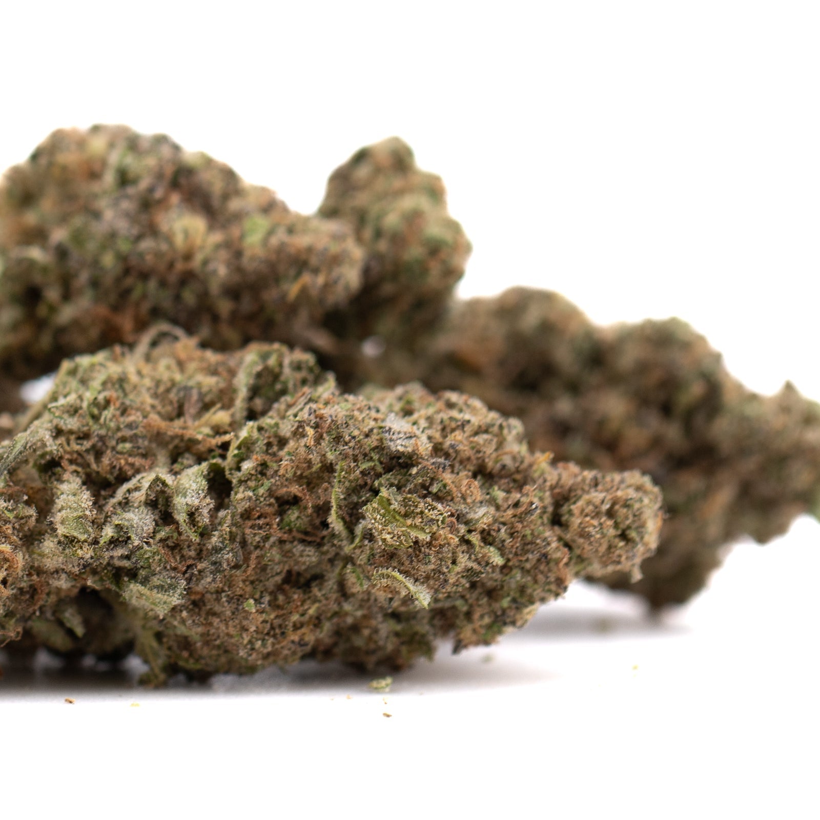 Government Oasis THCa Hemp Flower: Dense green and brown marijuana bud with resin glands