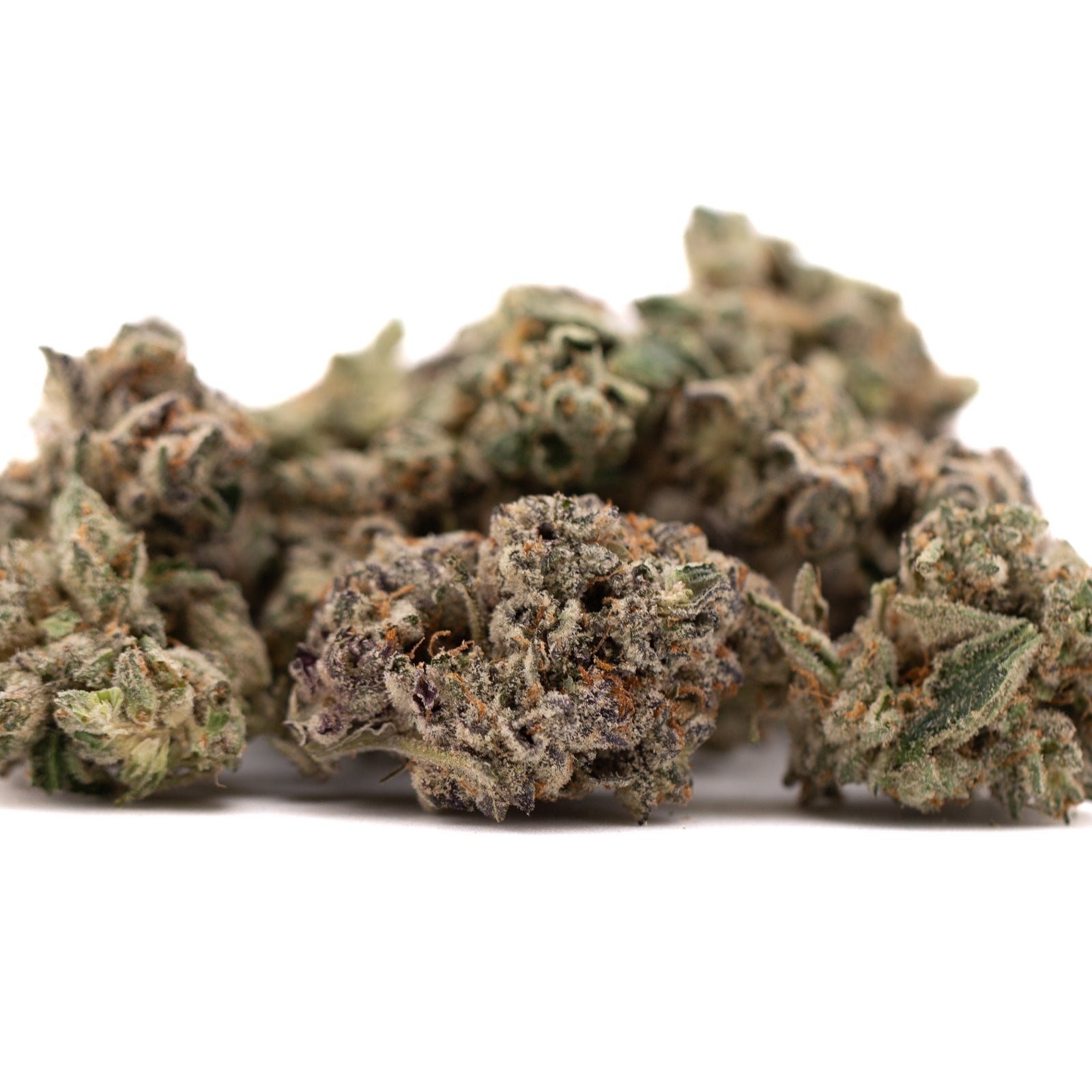 Dried Granny Crack Indoor THCa Flower with trichomes and orange hairs