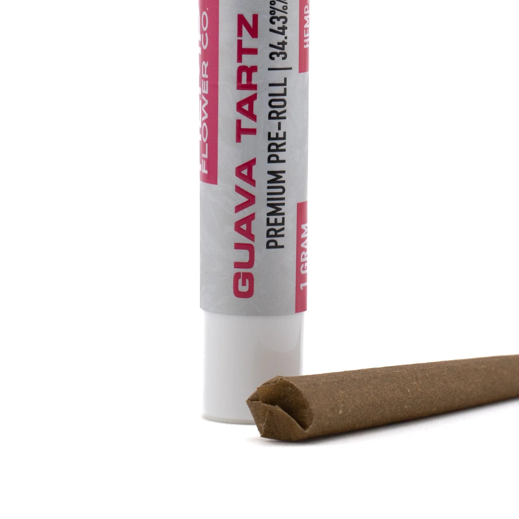 Guava tartz 1 gram thca pre rolls in brown paper with 34.43 hemp content by flower co in cylindrical packaging