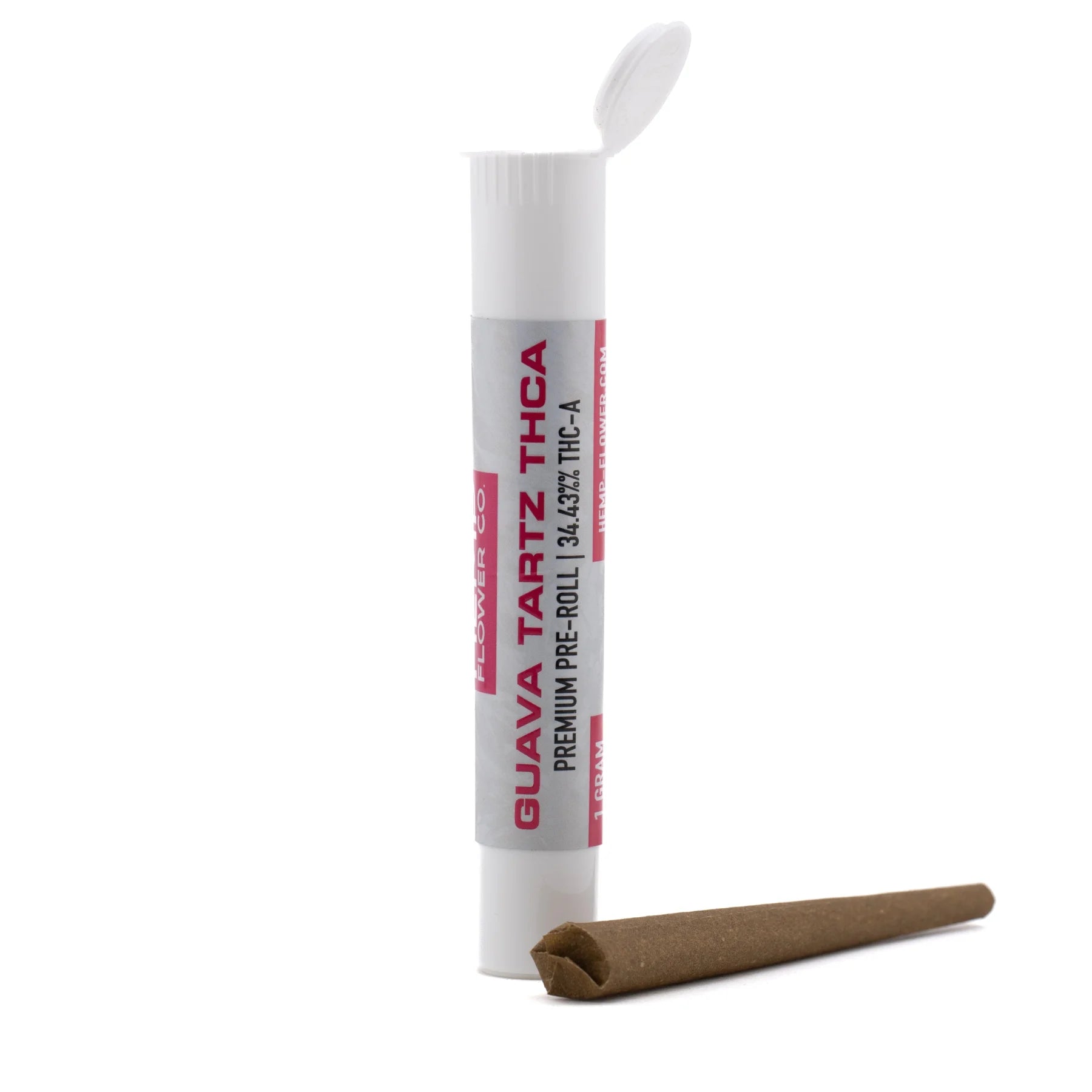 White cylindrical container labeled guava tartz 34.43 percent thca pre rolls by jemp flower co for premium use