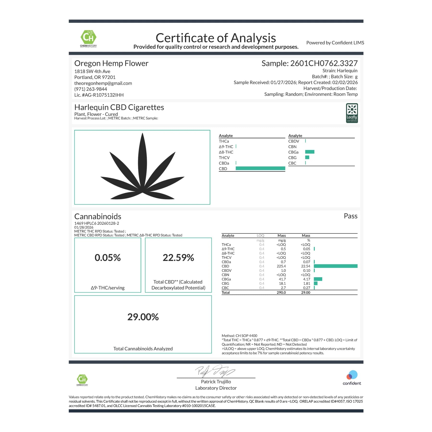 Certificate of analysis for harlequin cbd cigarettes with black cannabis leaf and detailed oregon hemp flower cannabinoid data