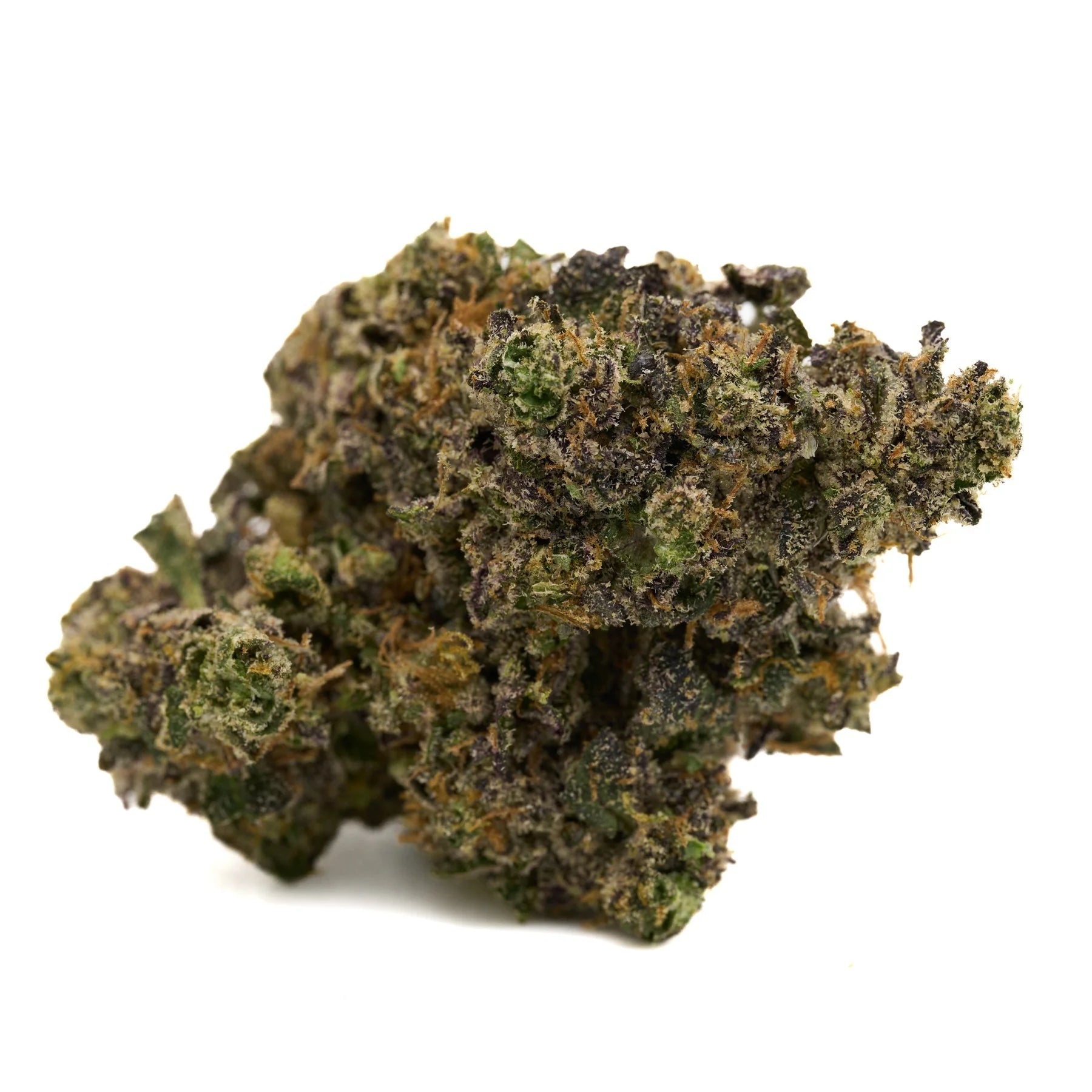 Dense dark green cannabis bud with purple hues and trichomes from Hash Plant THCa Flower
